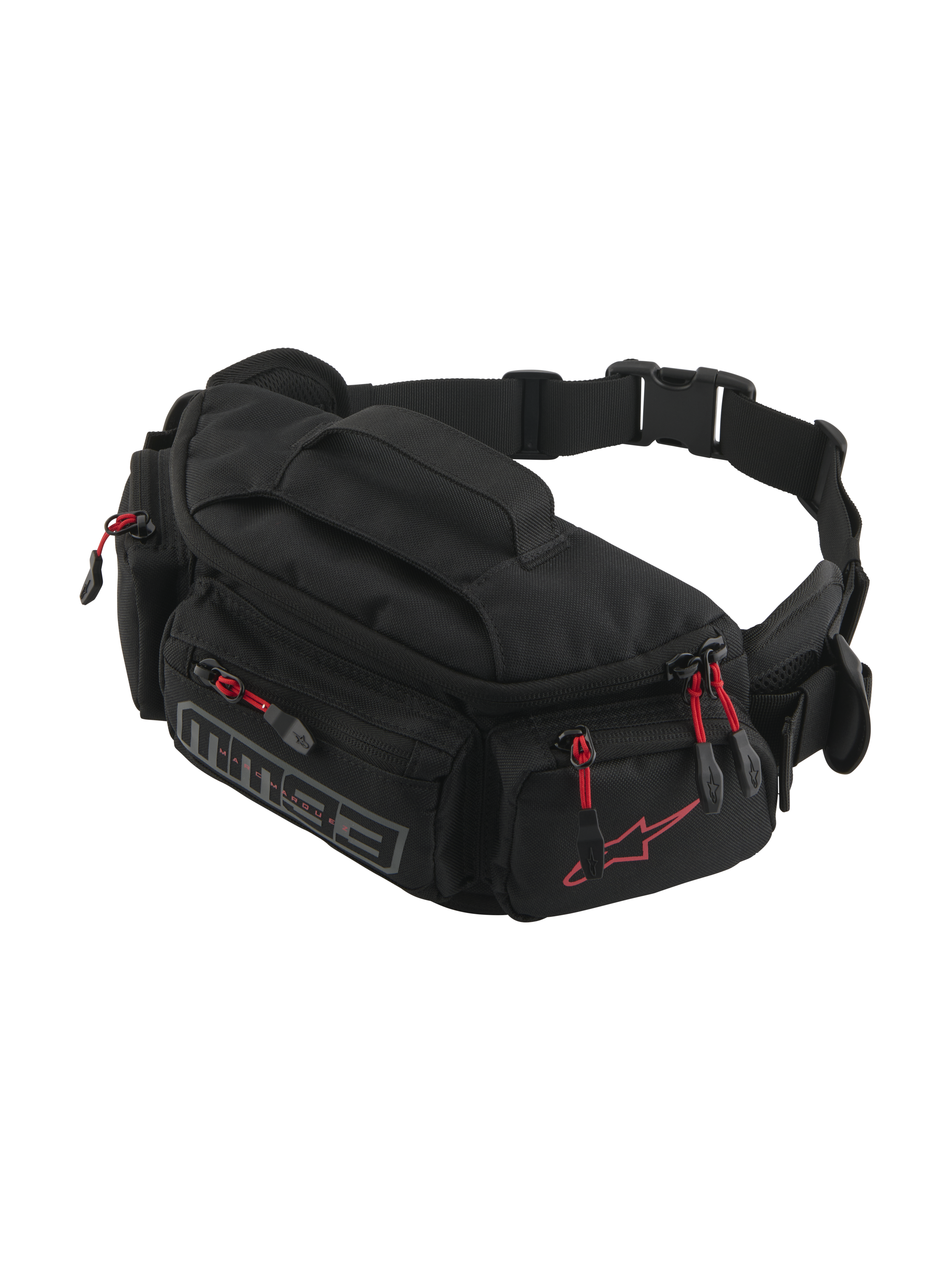 Alpinestars MM93 Waist Bag, czarna nerka motocyklowa, czerwone zawieszki suwaków, liczne przegrody na zamek, regulowany pasek z klamrą, czerwone logo Alpinestars i szare oznaczenie MM93, wytrzymały wodoodporny materiał