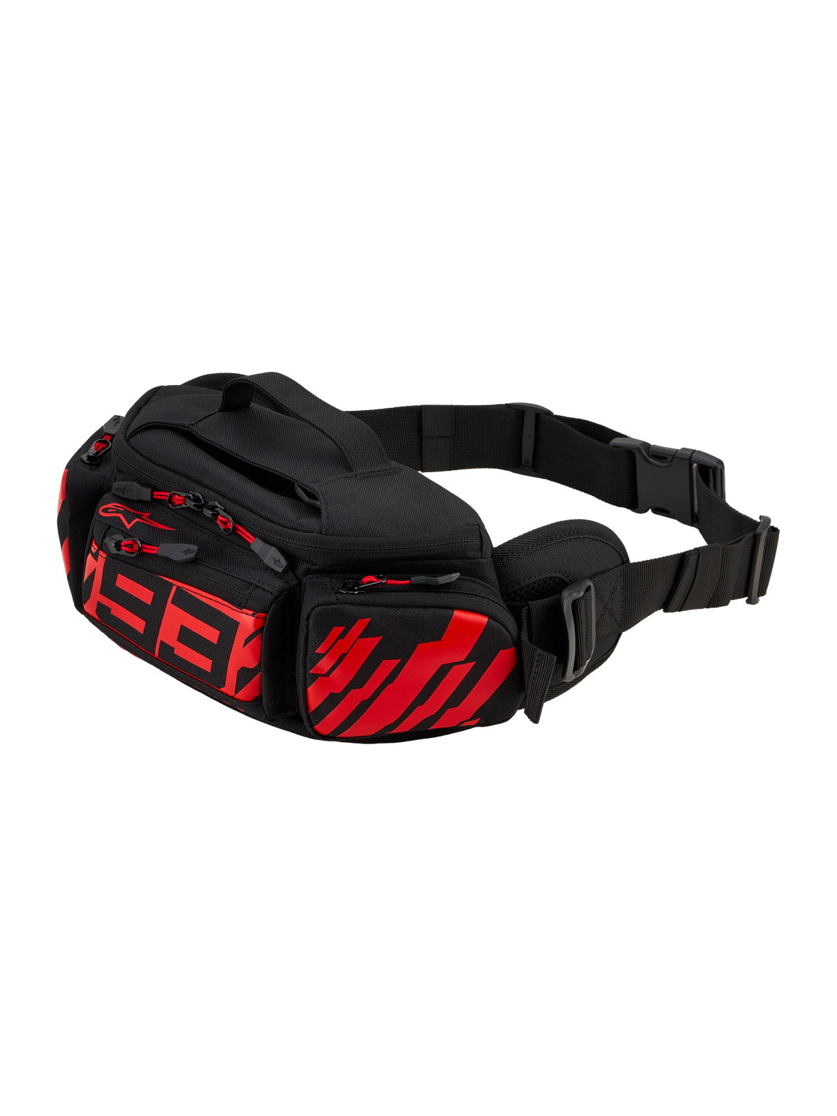 Alpinestars MM93 Waist Bag, motocyklowa torba na pas, czarna z jaskrawoczerwonymi i jasnoczerwonymi akcentami, stylizowane czerwone logo 93 z przodu, wiele przegródek na zamek z czerwonymi uchwytami, regulowany czarny pasek biodrowy z klamrą, wytrzymała konstrukcja tekstylna