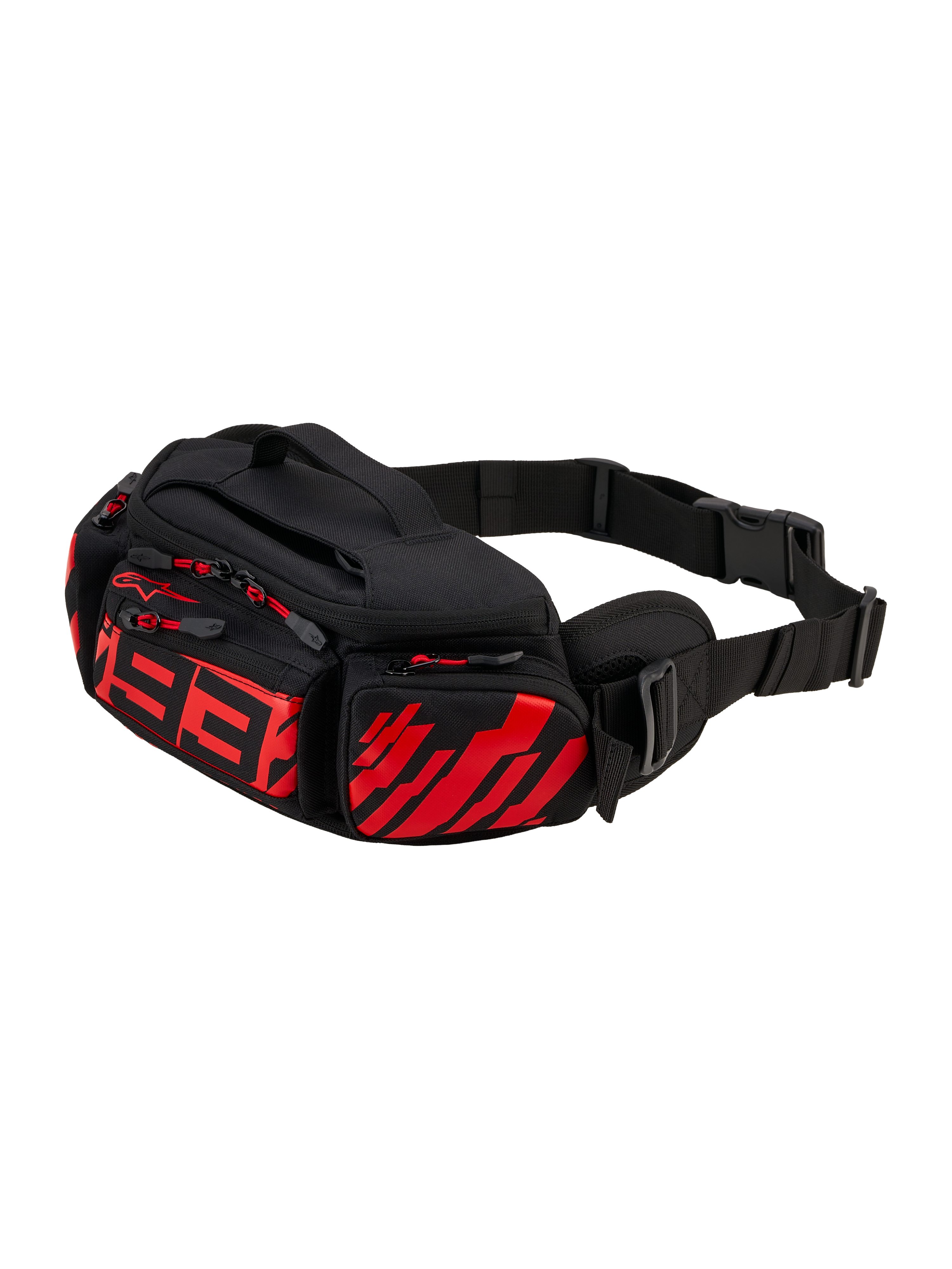 Alpinestars MM93 Waist Bag, motocyklowa torba na pas, czarna z jaskrawoczerwonymi i jasnoczerwonymi akcentami, stylizowane czerwone logo 93 z przodu, wiele przegródek na zamek z czerwonymi uchwytami, regulowany czarny pasek biodrowy z klamrą, wytrzymała konstrukcja tekstylna