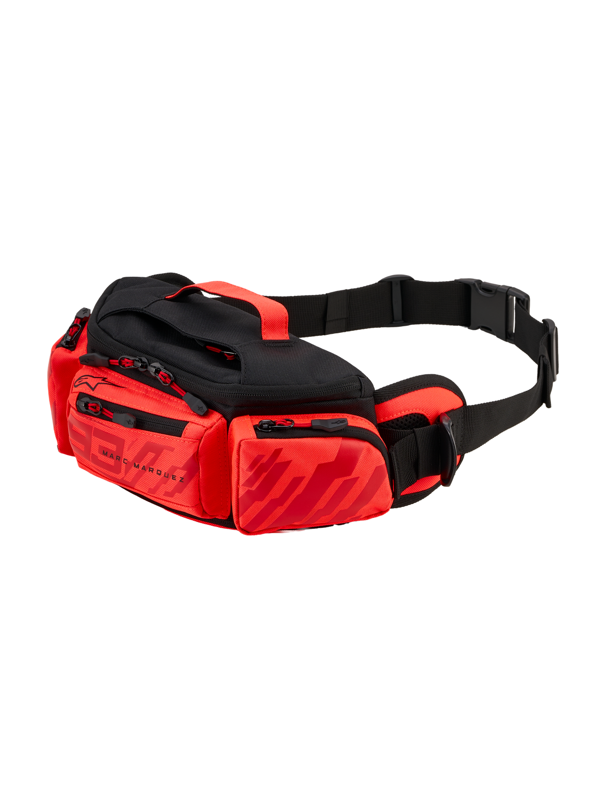 Alpinestars MM93 Waist Bag, motocyklowa torba na pas, jaskrawoczerwona, czerwona fluo i czarna, grafiki Marca Marqueza, liczne kieszenie na zamek, regulowany pasek biodrowy z klamrą i górny uchwyt