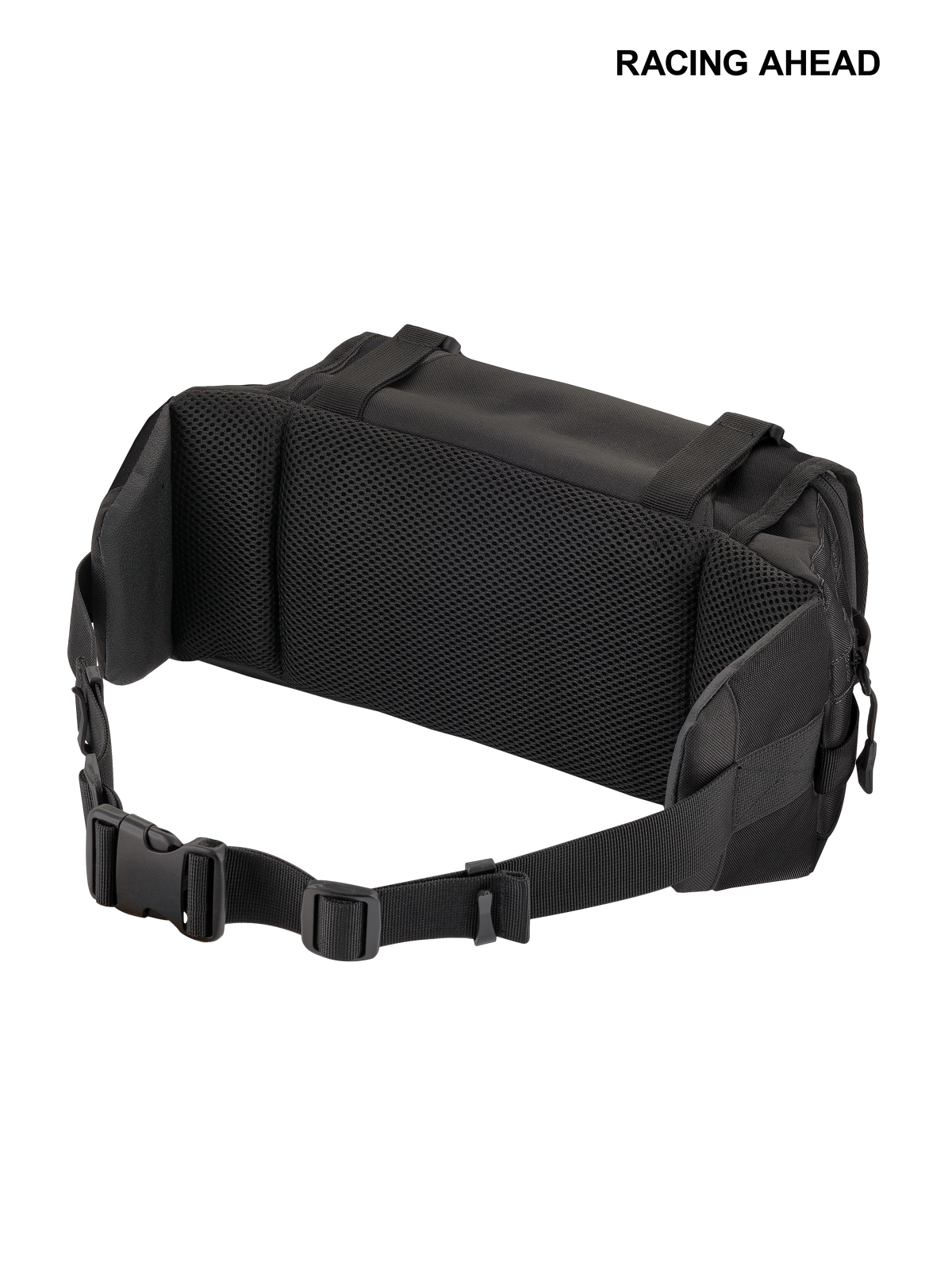 Alpinestars Tech Tool Pack, torba narzędziowa enduro i motocross, czarna, widok z tyłu pokazujący wyściółkę z siatki air-mesh zapewniającą wentylację, regulowany pas biodrowy z bezpieczną plastikową klamrą, wytrzymała konstrukcja tekstylna do użytku w terenie