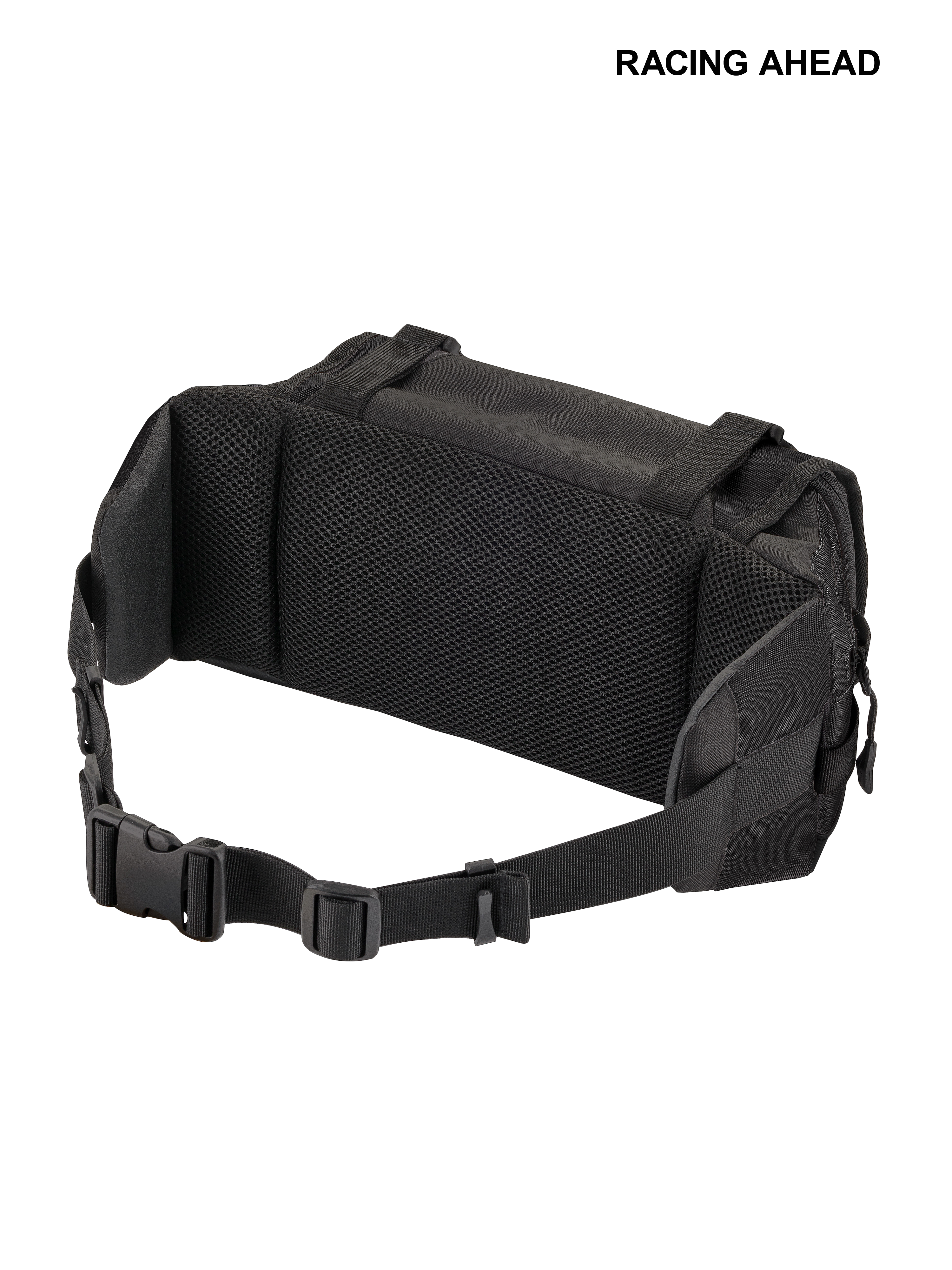 Alpinestars Tech Tool Pack, torba narzędziowa enduro i motocross, czarna, widok z tyłu pokazujący wyściółkę z siatki air-mesh zapewniającą wentylację, regulowany pas biodrowy z bezpieczną plastikową klamrą, wytrzymała konstrukcja tekstylna do użytku w terenie