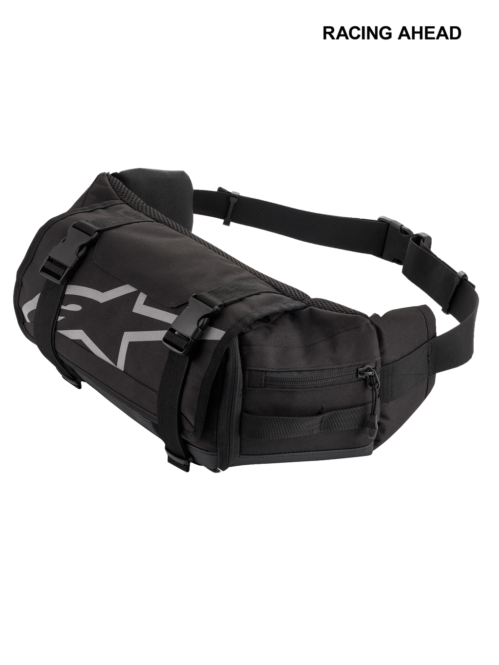 Alpinestars Tech Tool Pack, czarna, wytrzymała motocyklowa torba narzędziowa na biodra, szare logo gwiazdy Alpinestars, regulowane paski kompresyjne z plastikowymi klamrami, boczne komory zapinane na zamek, do jazdy enduro i off-road