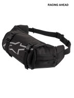 Alpinestars Tech Tool Pack, czarna, wytrzymała motocyklowa torba narzędziowa na biodra, szare logo gwiazdy Alpinestars, regulowane paski kompresyjne z plastikowymi klamrami, boczne komory zapinane na zamek, do jazdy enduro i off-road