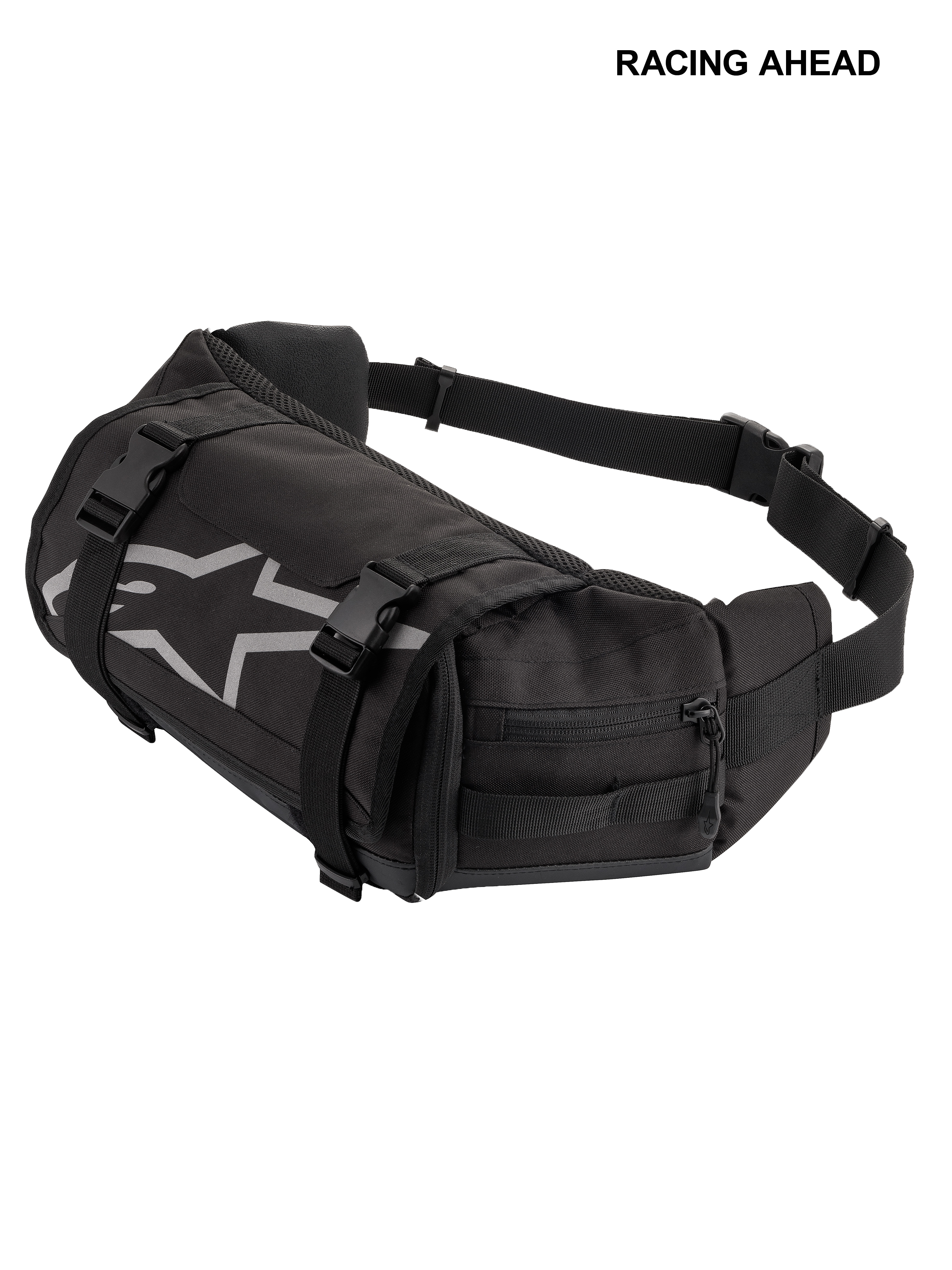 Alpinestars Tech Tool Pack, czarna, wytrzymała motocyklowa torba narzędziowa na biodra, szare logo gwiazdy Alpinestars, regulowane paski kompresyjne z plastikowymi klamrami, boczne komory zapinane na zamek, do jazdy enduro i off-road