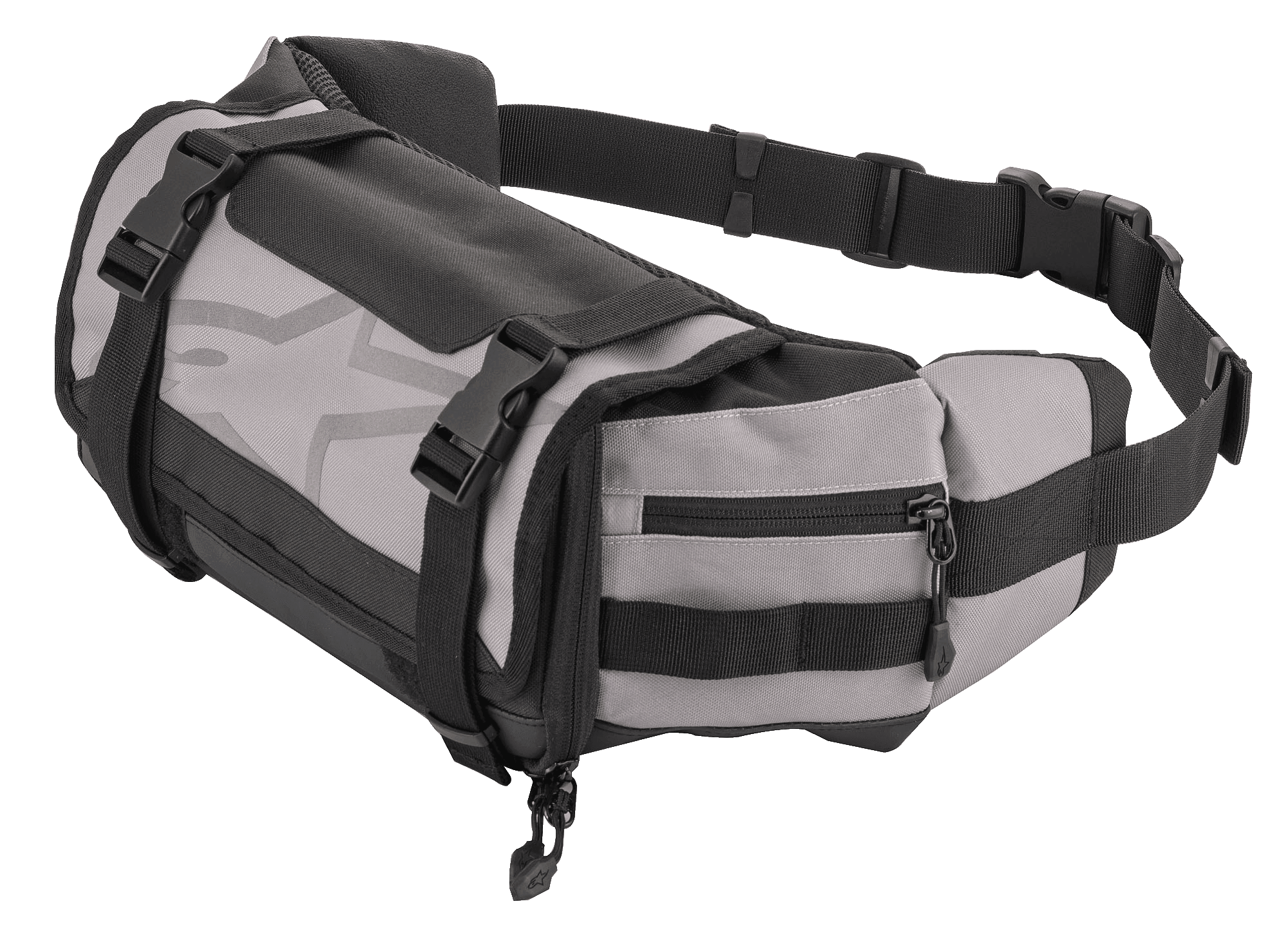 Alpinestars Tech Tool Pack, szaro-czarna nerka enduro, torba na narzędzia motocyklowe, regulowane paski z plastikowymi klamrami, duże logo w kształcie gwiazdy, wytrzymała konstrukcja z tkaniny, kompaktowy design