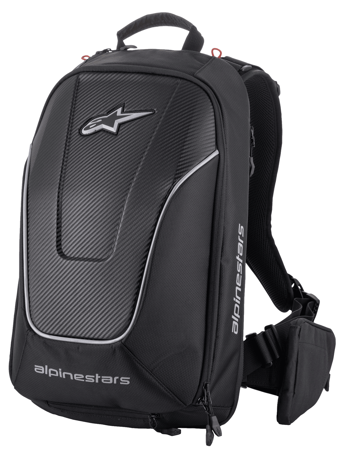 The black Charger Pro Backpack from Alpinestars EU features a sleek, aerodynamic design with prominent logos on the front and side. It includes padded shoulder straps, an adjustable harness, and an additional side pouch, crafted with a combination of textured and smooth materials.