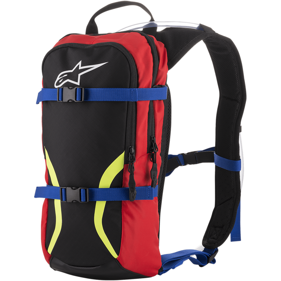 Alpinestars Iguana Hydration Backpack, plecak do jazdy off-road i motocrossu, czarno-czerwony z niebieskimi paskami i żółtymi neonowymi grafikami, białe logo Astars, dwie komory zapinane na zamek, wyściełane szelki z widoczną rurką bukłaka