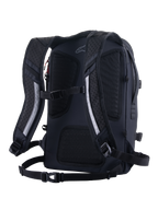 Plecak Alpinestars AMP-7, techniczny plecak motocyklowy, czarny, widok od tyłu z ergonomicznymi, wentylowanymi szelkami z wyściółką, oddychającym panelem tylnym z siatki, paskiem piersiowym oraz pasem biodrowym