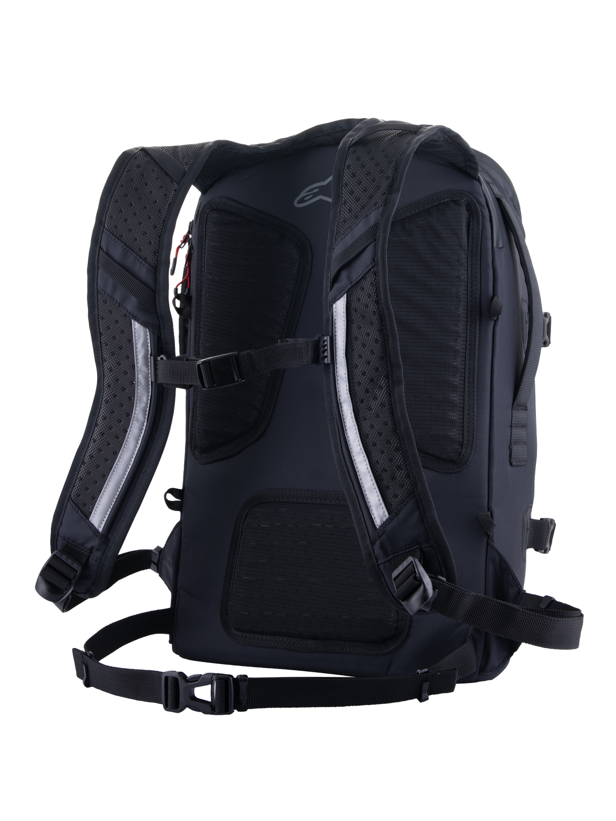 Plecak Alpinestars AMP-7, techniczny plecak motocyklowy, czarny, widok od tyłu z ergonomicznymi, wentylowanymi szelkami z wyściółką, oddychającym panelem tylnym z siatki, paskiem piersiowym oraz pasem biodrowym