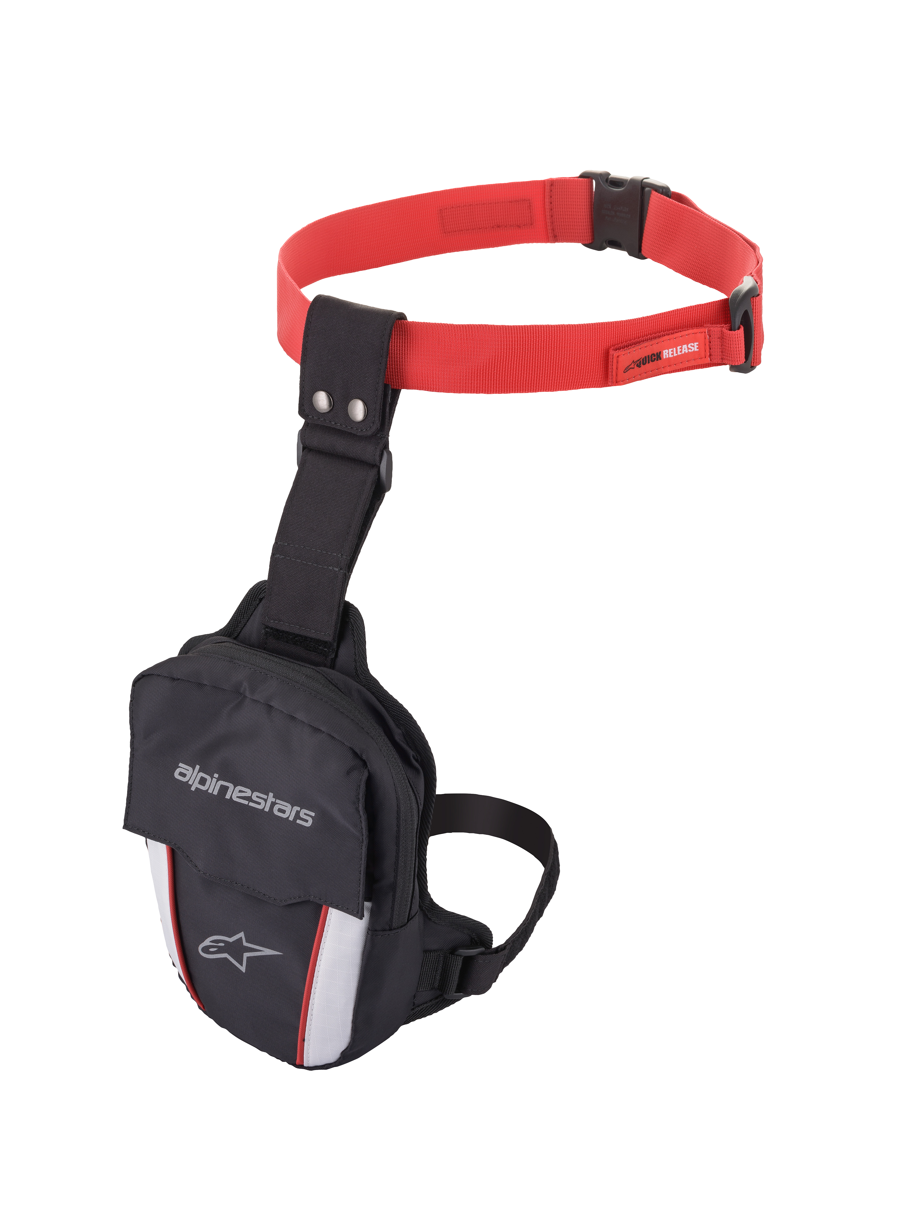 Alpinestars Access Thigh Bag, Motorcycle Thigh Bag, Black Red and White, featuring a red adjustable waist strap with quick-release buckle, black thigh strap, Alpinestars branding on the front flap, and reflective white panels with red accents for visibility.
