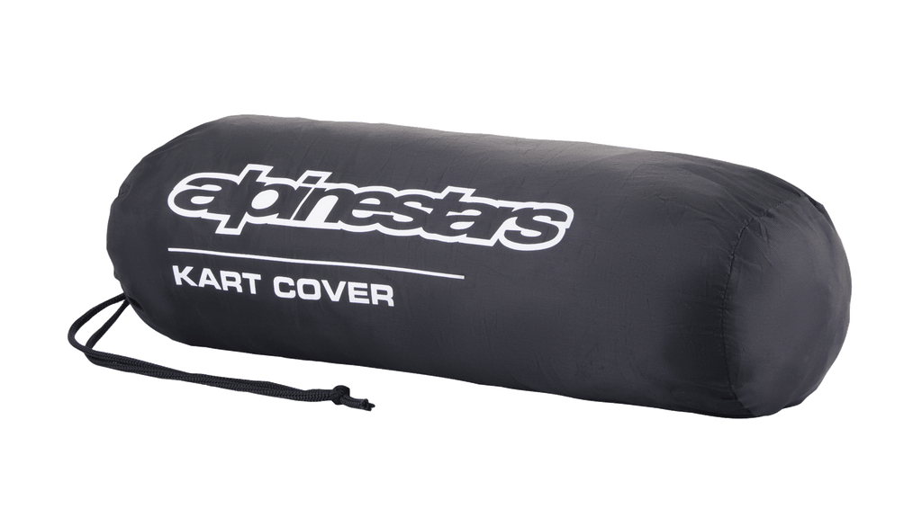 Torba do przechowywania pokrowca Alpinestars Kart Cover, czarna, z białym logo Alpinestars i napisem „KART COVER”, cylindryczny kształt ze ściągaczem, kompaktowa i przenośna konstrukcja na sprzęt motorsportowy