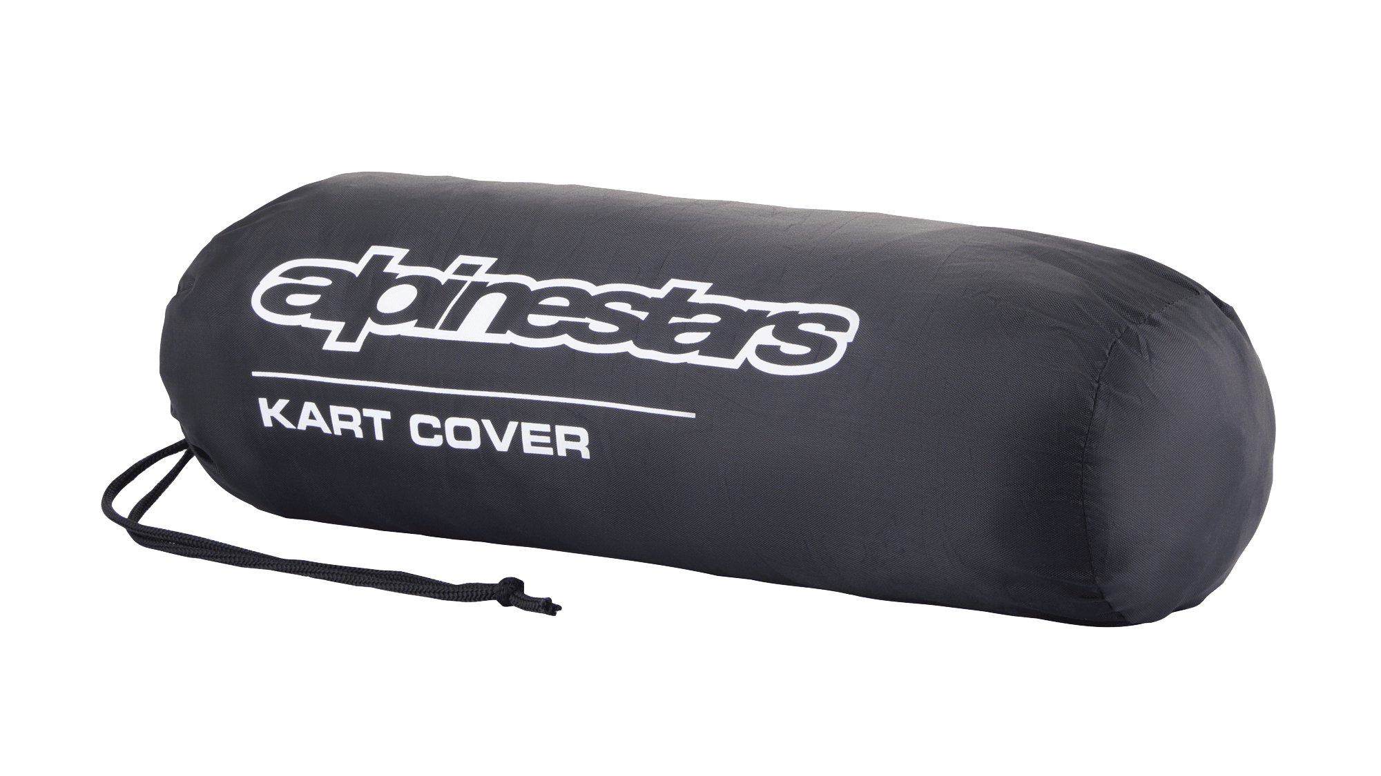 Torba do przechowywania pokrowca Alpinestars Kart Cover, czarna, z białym logo Alpinestars i napisem „KART COVER”, cylindryczny kształt ze ściągaczem, kompaktowa i przenośna konstrukcja na sprzęt motorsportowy