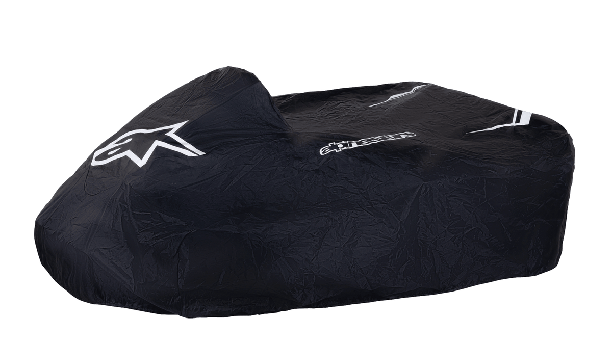 Alpinestars Kart Cover, czarny, ochronny pokrowiec na gokart z białym logo gwiazdy i napisem Alpinestars, wytrzymały materiał odporny na warunki atmosferyczne z białymi paskami, strukturalna konstrukcja do ochrony w padoku