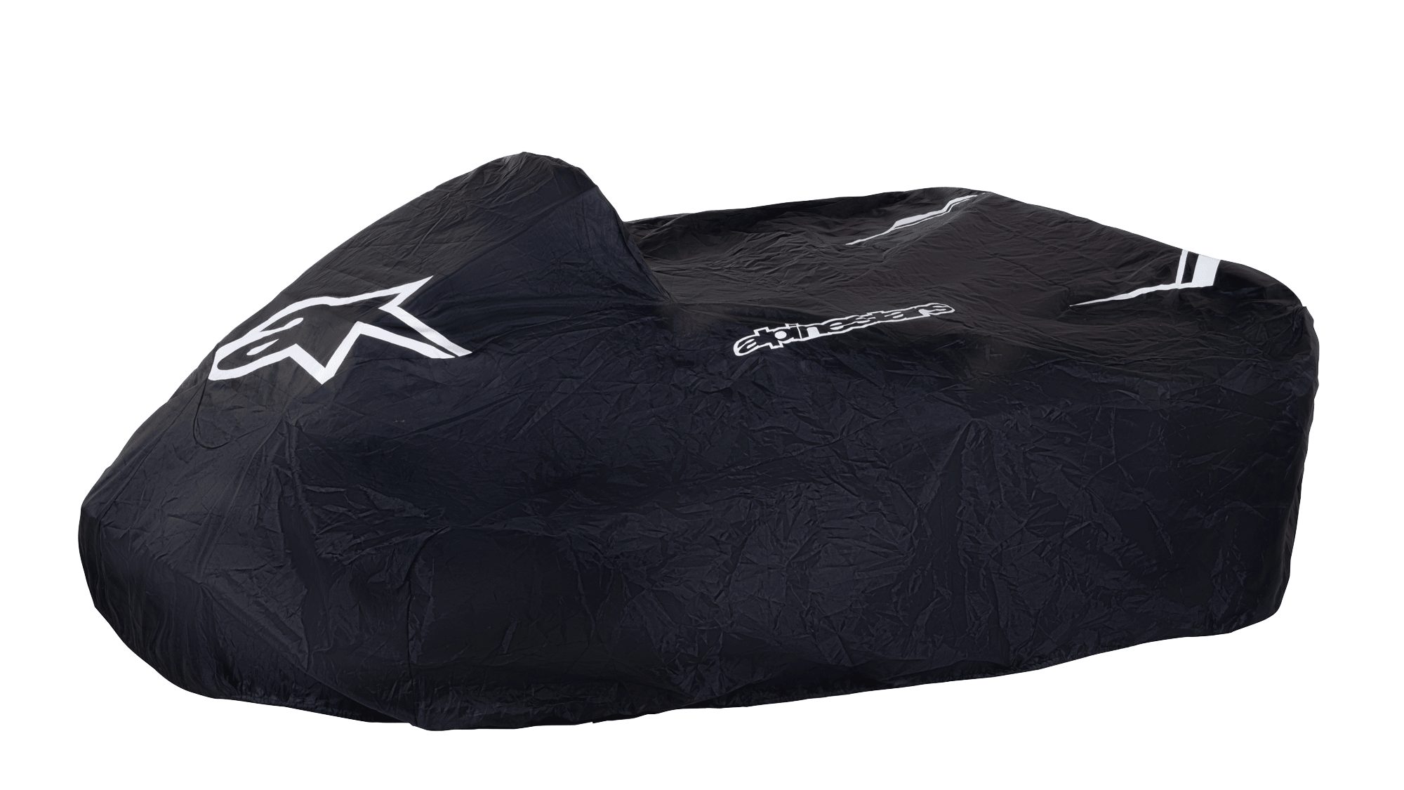 Alpinestars Kart Cover, czarny, ochronny pokrowiec na gokart z białym logo gwiazdy i napisem Alpinestars, wytrzymały materiał odporny na warunki atmosferyczne z białymi paskami, strukturalna konstrukcja do ochrony w padoku