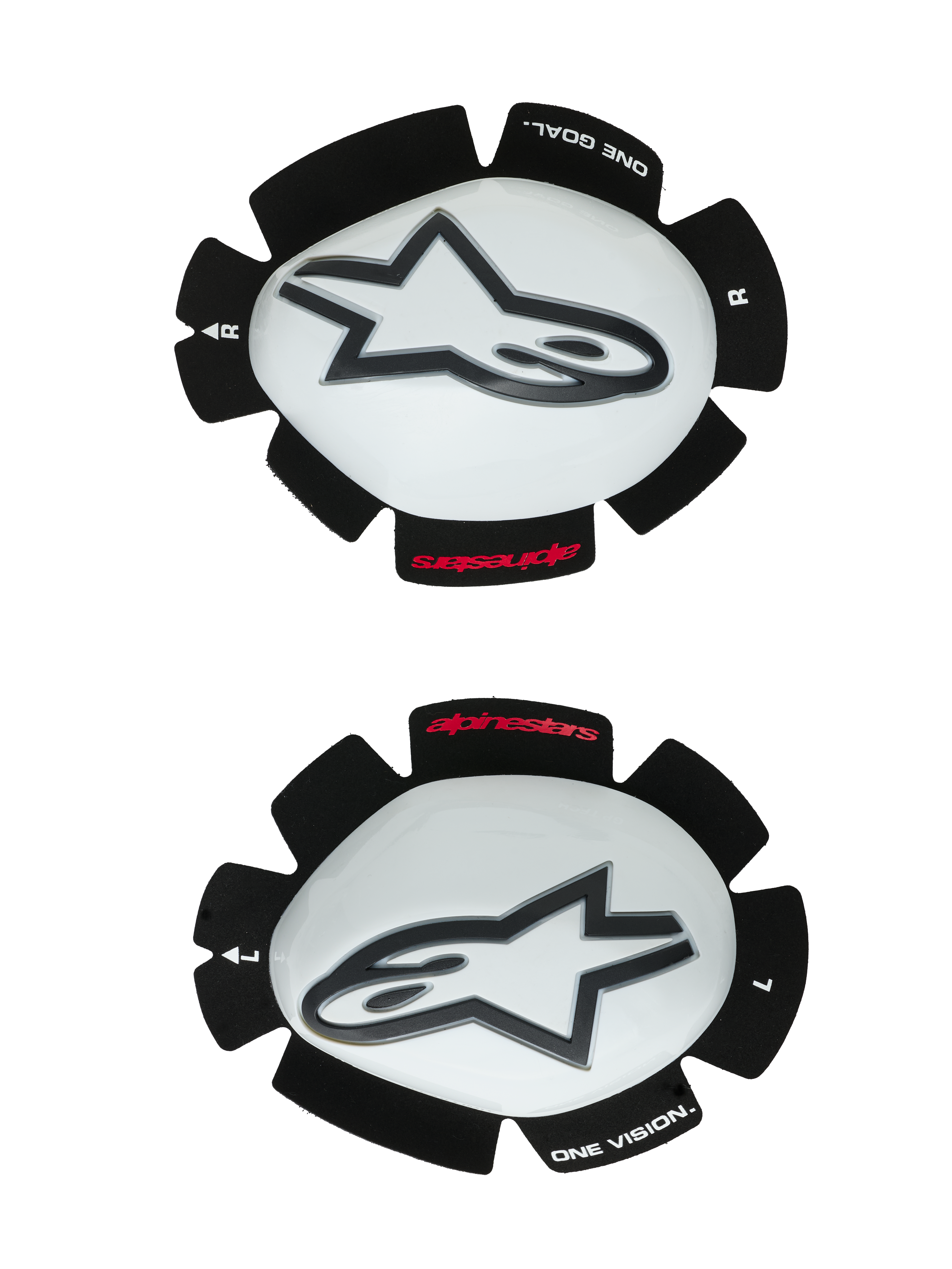 Alpinestars GP Tech Knee Sliders, motocyklowe ochraniacze kolan, biało-czarne, zestaw lewego i prawego slidera z białymi plastikowymi skorupami i czarnym logo Astar, mocowanie na rzep z napisem „ONE GOAL ONE VISION”, profesjonalny sprzęt wyścigowy