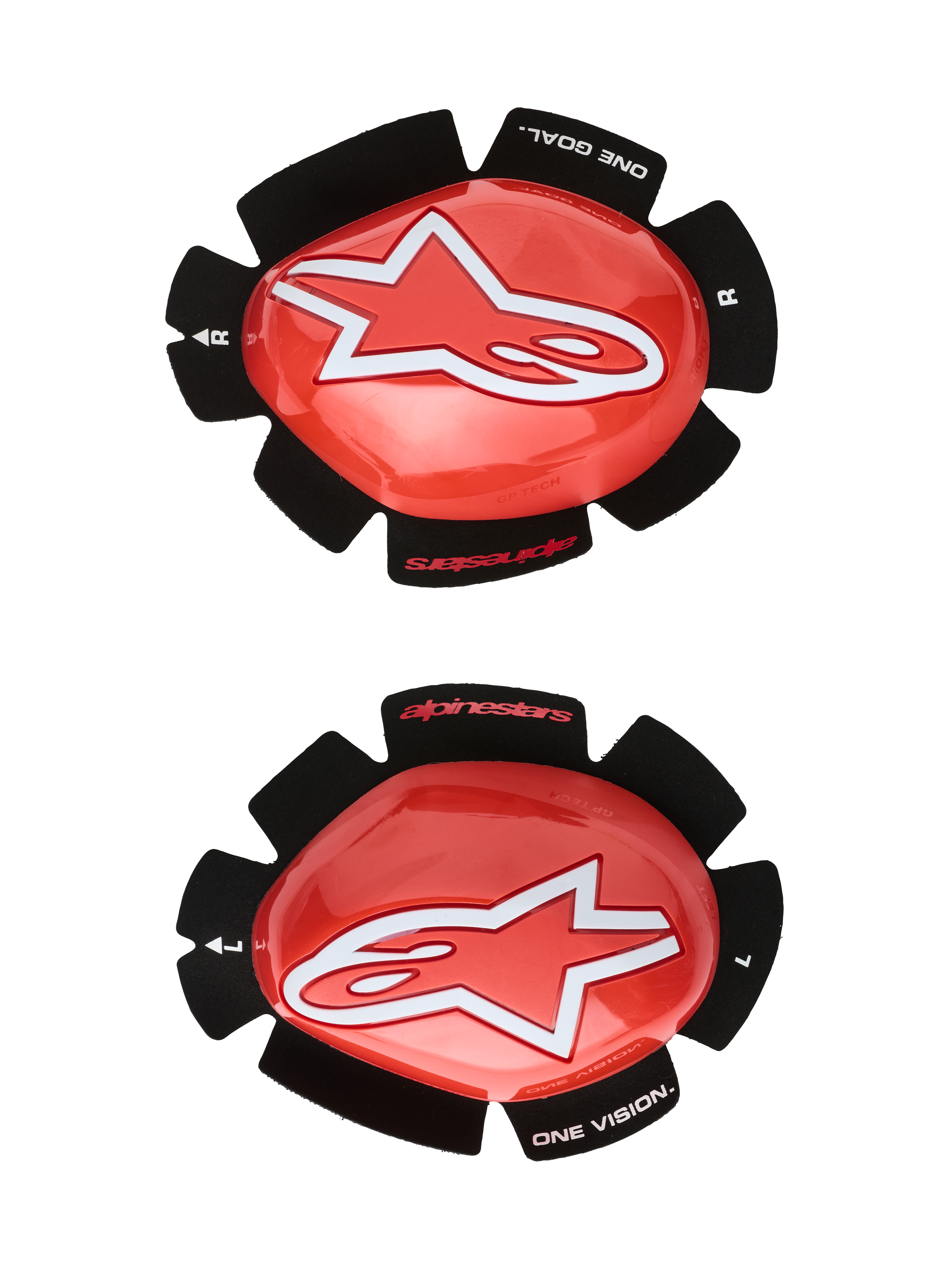 Alpinestars GP Tech Knee Sliders, czerwone i białe wyścigowe slidery kolan, duże białe logo gwiazdy na błyszczącym czerwonym plastiku, napis „ONE GOAL. ONE VISION.” na czarnym rzepie w kształcie płatków, para lewa i prawa do użytku na torze