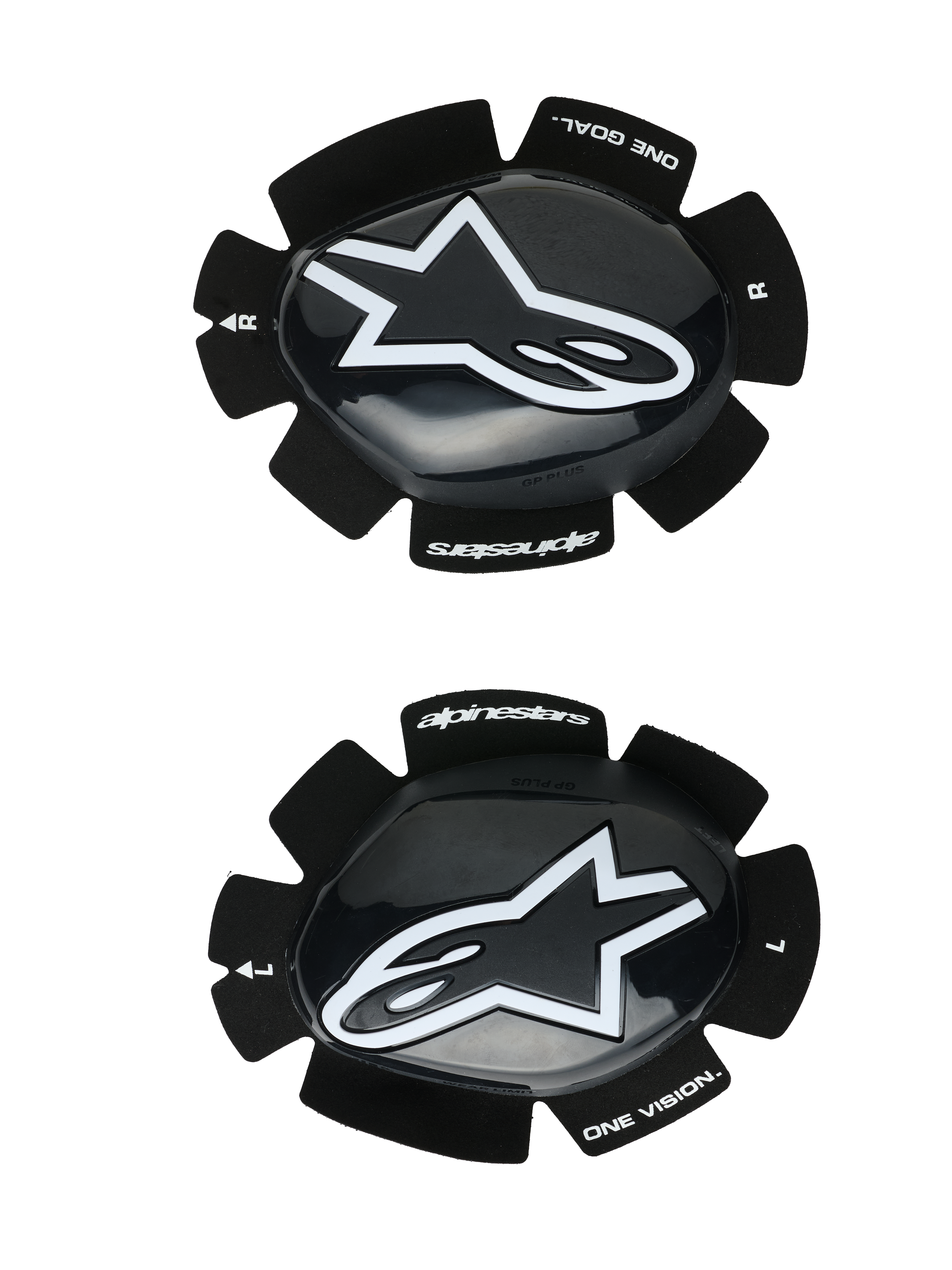 Alpinestars GP Plus Knee Sliders, motocyklowe ślizgi wyścigowe na kolana, czarno-białe, błyszczące wykończenie z białym logo gwiazdy, system mocowania na rzepy, z napisem „One Goal One Vision”, zestaw na lewą i prawą stronę