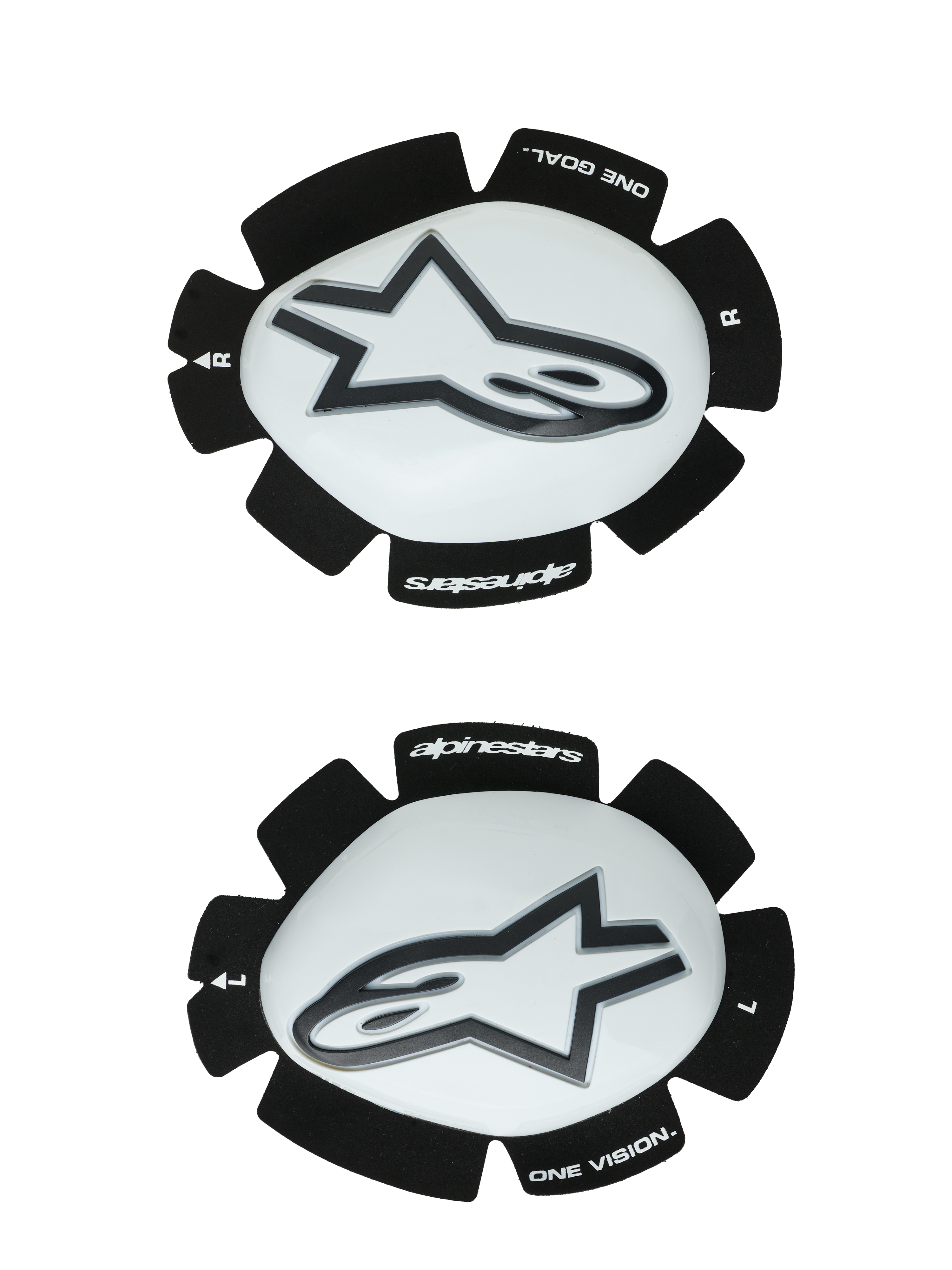 Slidery kolanowe Alpinestars GP Plus, biało-czarne, wyścigowe motocyklowe ochraniacze kolan, para prezentująca lewy i prawy slider z białymi plastikowymi powierzchniami i czarnym logo Astars, ząbkowane czarne rzepy z napisami „ONE GOAL” i „ONE VISION”