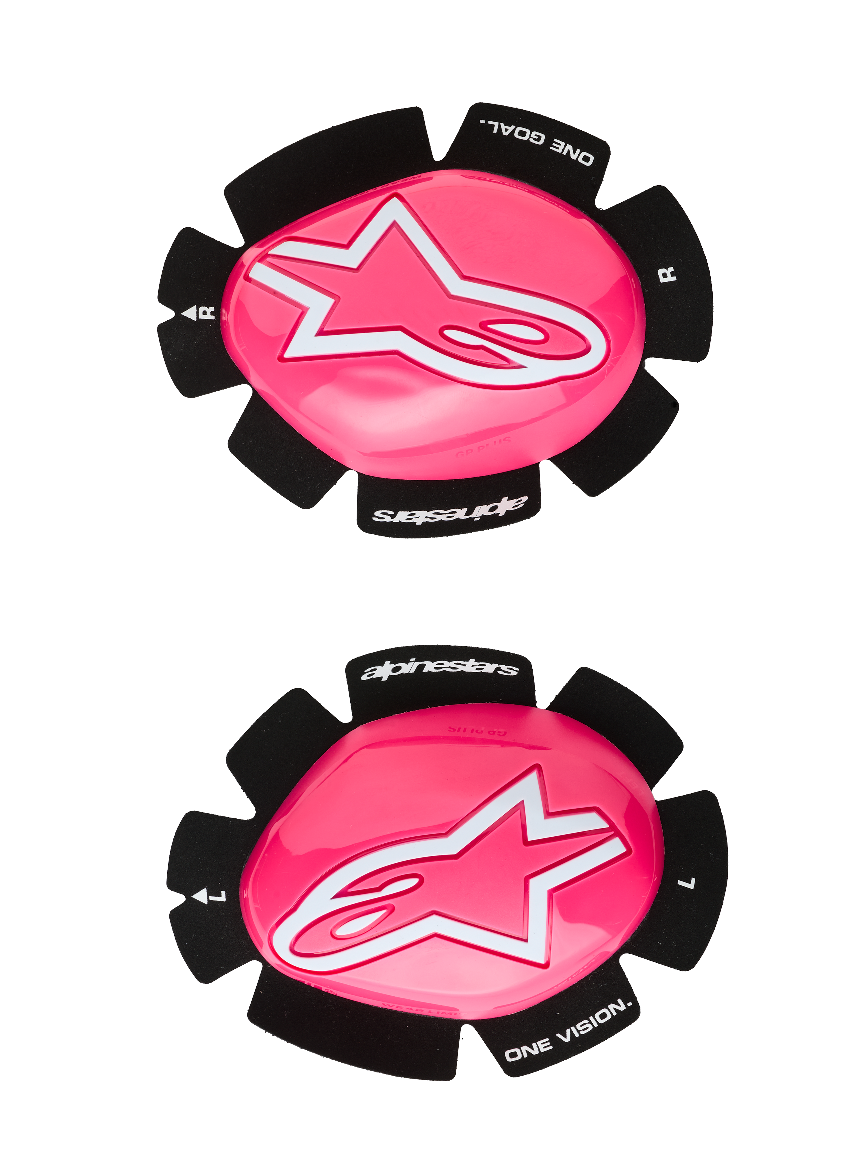 Alpinestars GP Plus Knee Slider, slidery kolan do motocykli wyścigowych, różowy fluo i biały, zestaw lewego i prawego slidera, błyszcząca różowa powierzchnia z białym logo gwiazdy, czarna podstawa z napisem „One Goal One Vision”, wytrzymała konstrukcja z tworzywa sztucznego do użytku na torze i drodze