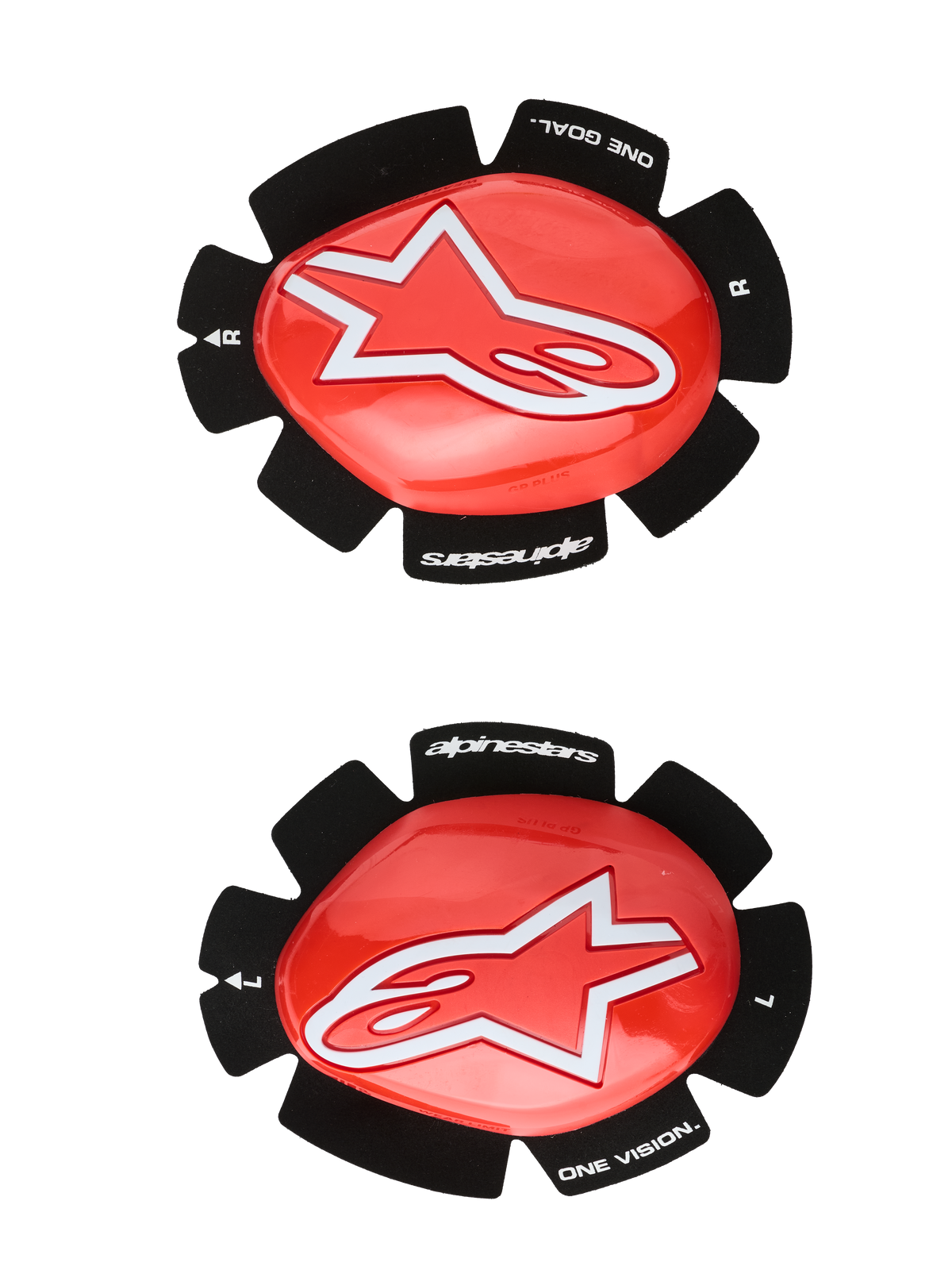 Alpinestars GP Plus Knee Sliders, Motorcycle Racing Knee Protection, Red and Black, White Star Logo, "ONE GOAL. ONE VISION." Branding, Velcro Attachment Pads, Left and Right Pair