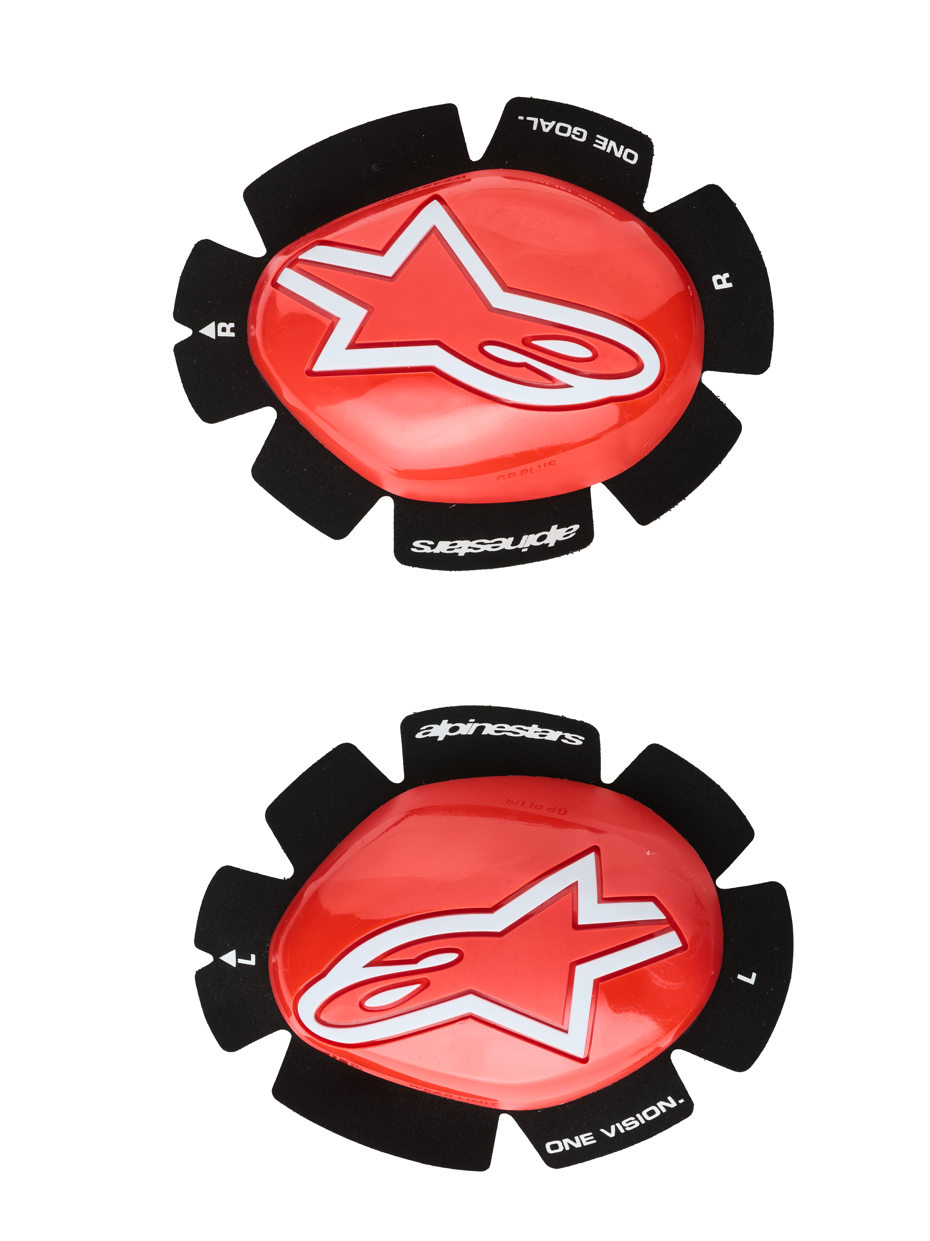 Alpinestars GP Plus Knee Sliders, motocyklowa ochrona kolan, czerwono-czarne, białe logo gwiazdy, branding „ONE GOAL. ONE VISION.”, podkładki mocowane na rzepy, para na lewą i prawą stronę