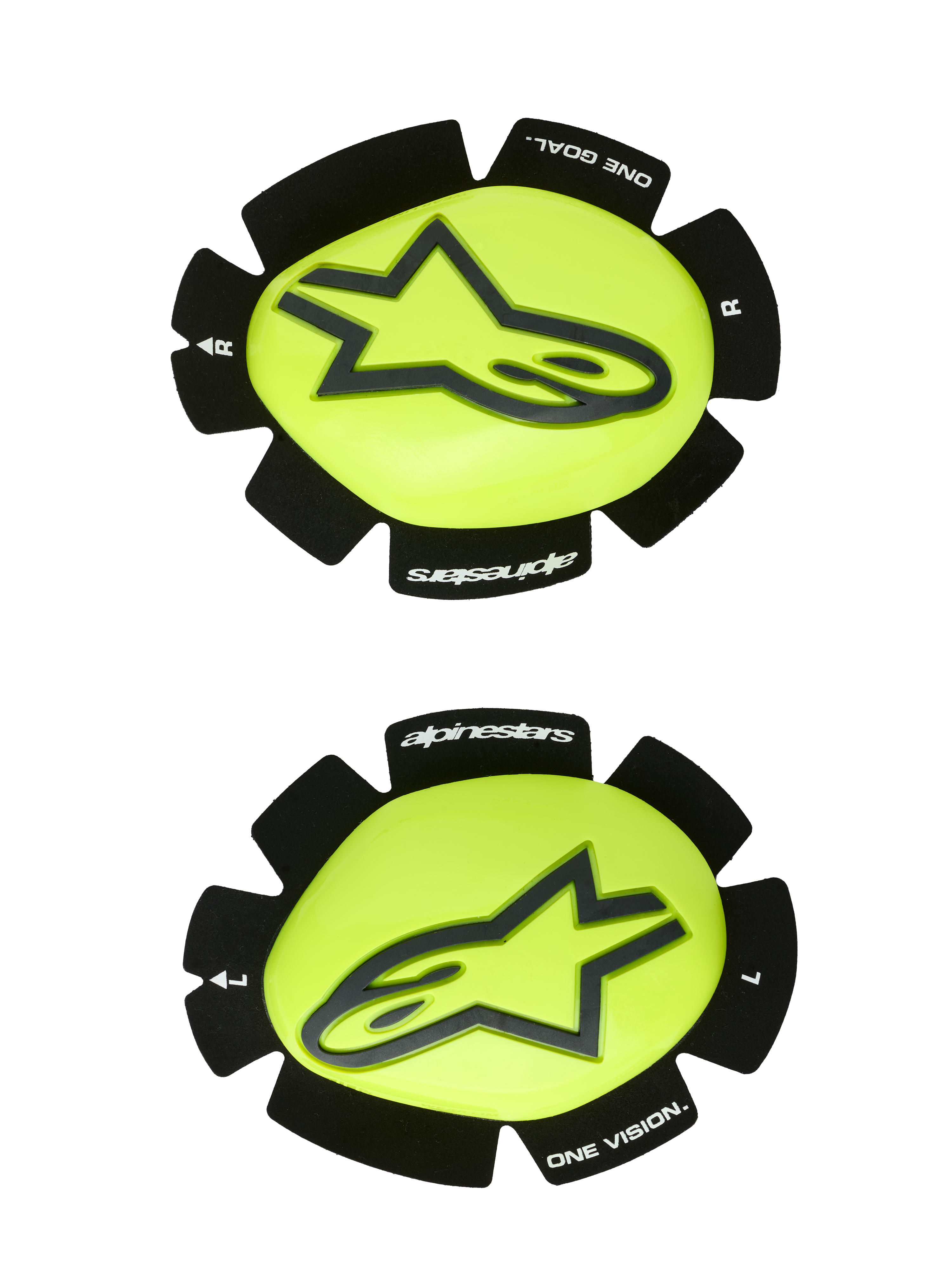 Alpinestars GP Plus Knee Slider, motocyklowe slidery kolan, żółty fluo i czarny, para lewy i prawy z czarnym logo gwiazdy na błyszczącej żółtej powierzchni, teksturowane czarne krawędzie z napisami „alpinestars” i „ONE GOAL ONE VISION”, zaprojektowane do ścierania na torze