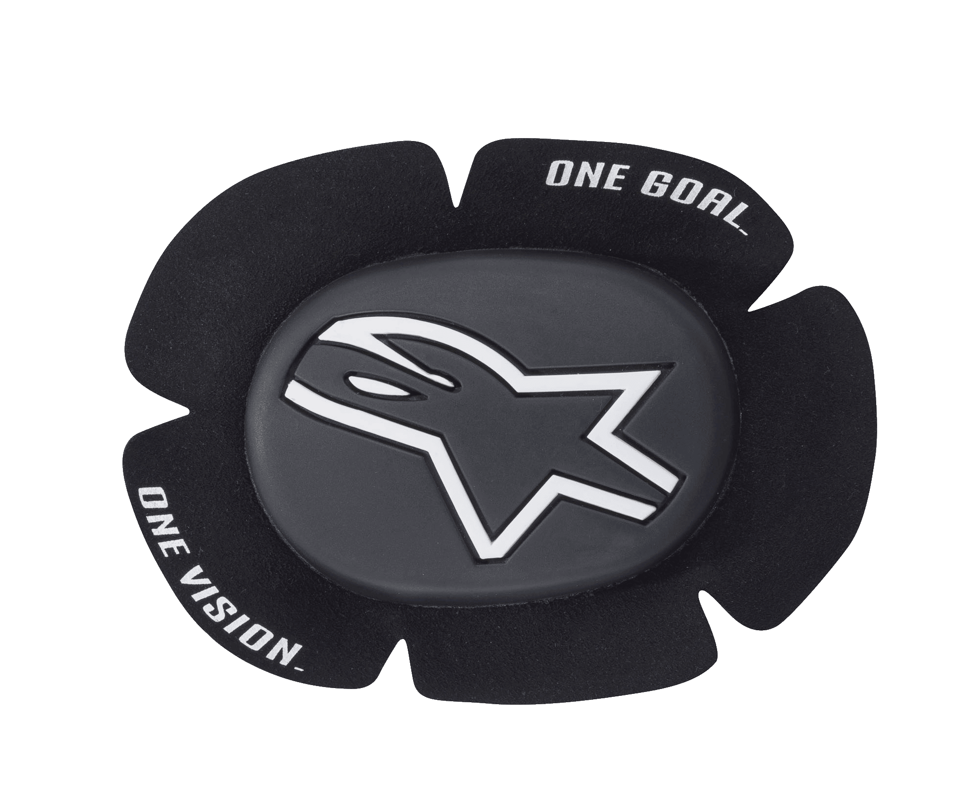 Alpinestars GP Sport Evo Knee Sliders, Black and White motorcycle racing knee sliders, featuring a white star logo on a dark gray center puck, five-petal contoured design with "ONE GOAL ONE VISION" brand text, durable TPU protection for track and sport riding