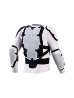 Alpinestars Kurtka Ochronna Bionic Action V3, biała i czarna zbroja motocrossowa, widok z tyłu na ochraniacze pleców i łokci A-Morph, certyfikowana CE, lekka i oddychająca konstrukcja z siatki.
