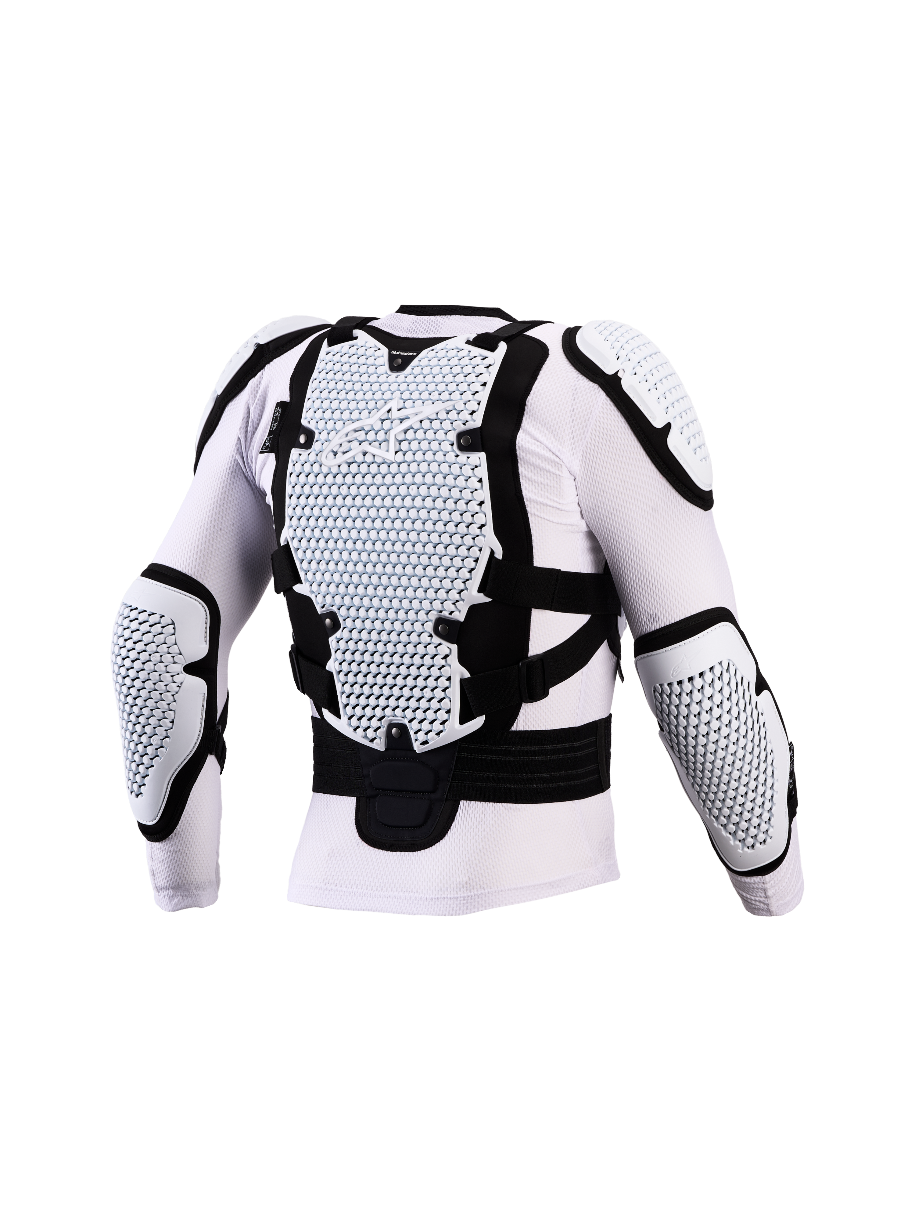 Alpinestars Kurtka Ochronna Bionic Action V3, biała i czarna zbroja motocrossowa, widok z tyłu na ochraniacze pleców i łokci A-Morph, certyfikowana CE, lekka i oddychająca konstrukcja z siatki.