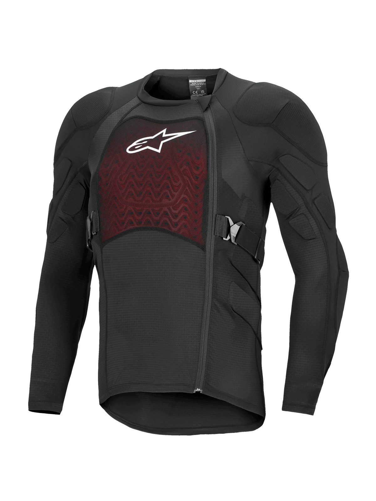 Alpinestars Bionic Plasma LT Protection Jacket z długim rękawem, czarno-czerwona kurtka ochronna motocyklowa off-road, wyściełane ramiona i łokcie, oddychający panel siatkowy na klatce piersiowej z białym logo, przesunięty boczny zamek oraz regulowane paski boczne