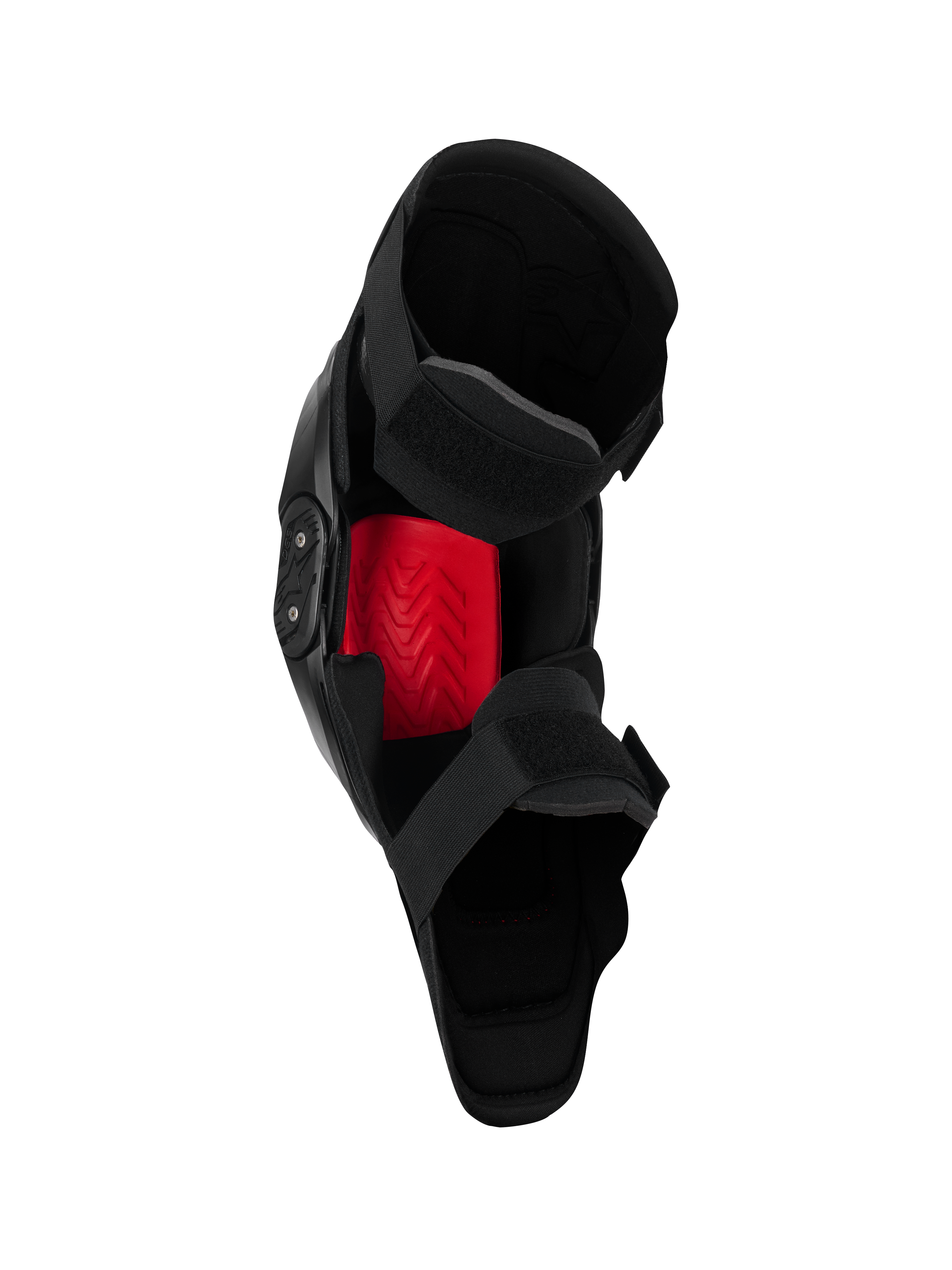 Alpinestars SX-1 Plasma Knee Protector, ochraniacz kolan do motocrossu, czarno-czerwony, widok od wewnątrz podkreślający czerwoną wkładkę Nucleon PLASMA oraz system zapięcia na dwa paski, zaprojektowany z myślą o wydajności off-road.