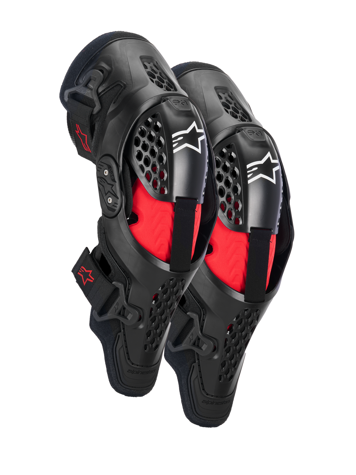 Ochraniacze kolan Alpinestars SX-1 Plasma, ochrona kolan motocross, czarno-czerwone, z półsztywnymi wentylowanymi ramami, czerwoną wyściółką wewnętrzną, białym logo Alpinestars na rzepce i konstrukcją z podwójnym zawiasem dla wydajności off-road