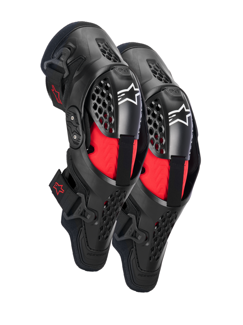 Alpinestars SX-1 Plasma Knee Protectors, Motocross Knee Protection, Black and Red, featuring semi-rigid ventilated frames, red inner padding, white Alpinestars logos on the kneecap, and a dual pivot hinge design for off-road performance