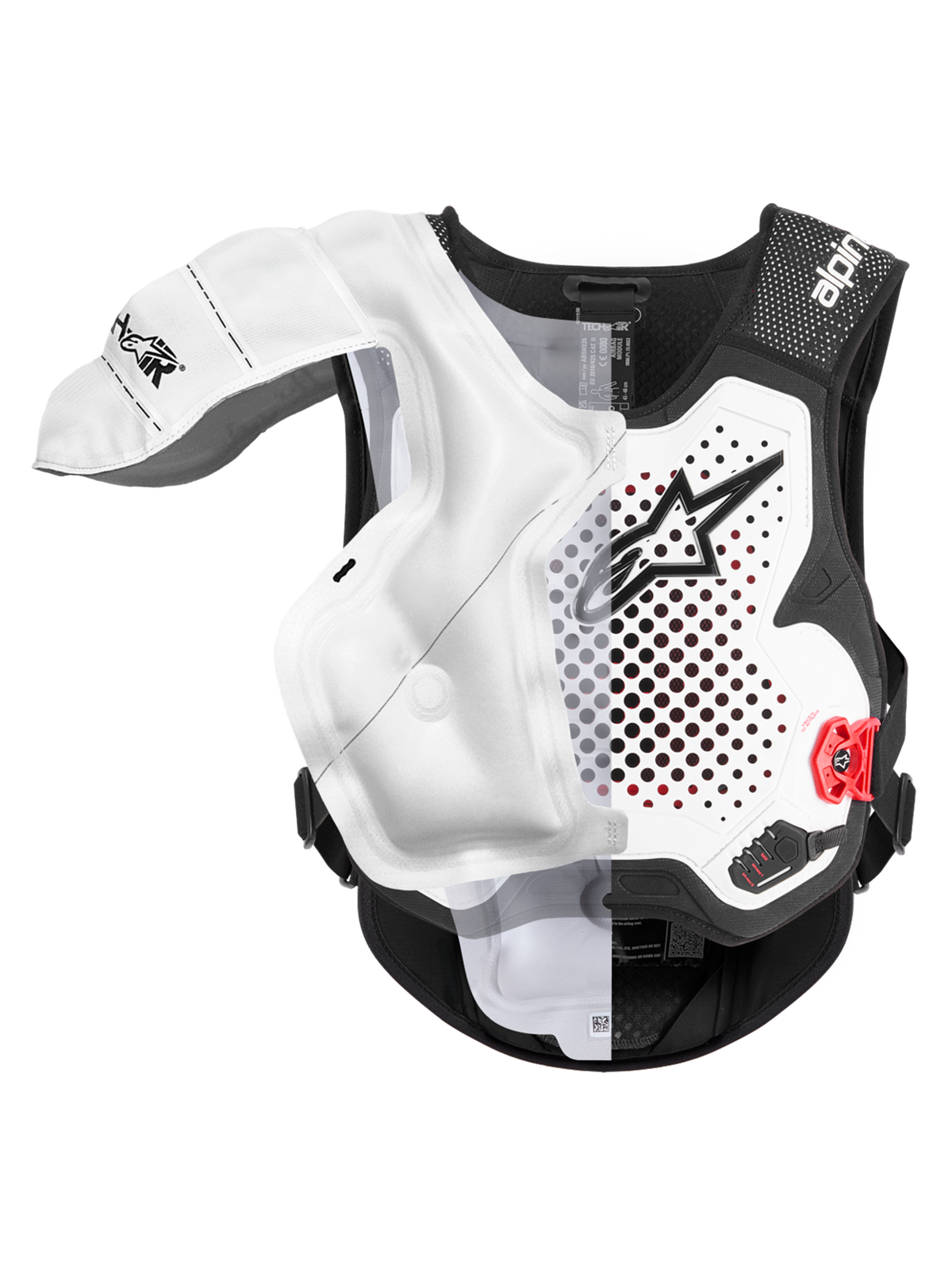 Alpinestars Tech-Air® MX System, motocrossowa kamizelka z poduszką powietrzną, biała i czarna, certyfikowana ochrona off-road z widoczną nakładką napełnionej poduszki