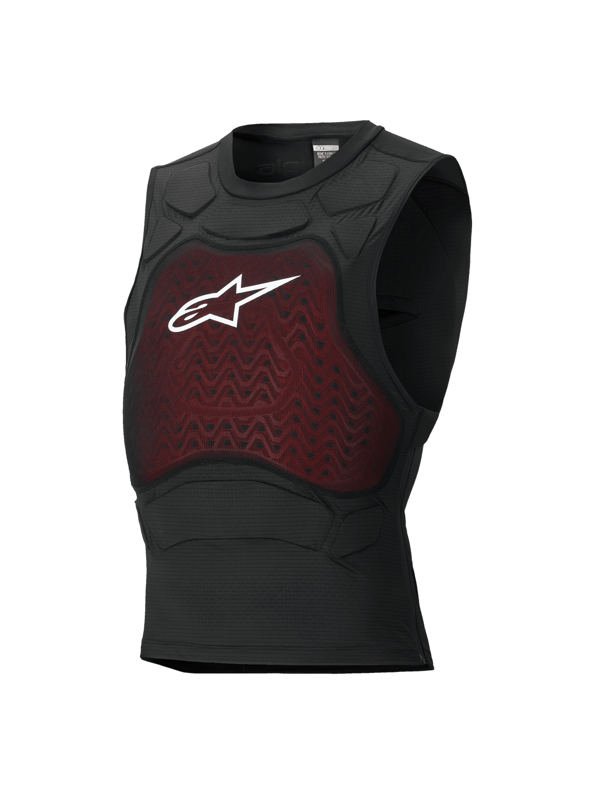 Alpinestars Bionic Plasma LT Protection Vest, motocyklowa kamizelka ochronna, czarno-czerwona, konstrukcja bez rękawów z siatkowym panelem na klatce piersiowej i białym logo Astars, zintegrowane wyściółki na ramionach, oddychająca i dopasowana konstrukcja