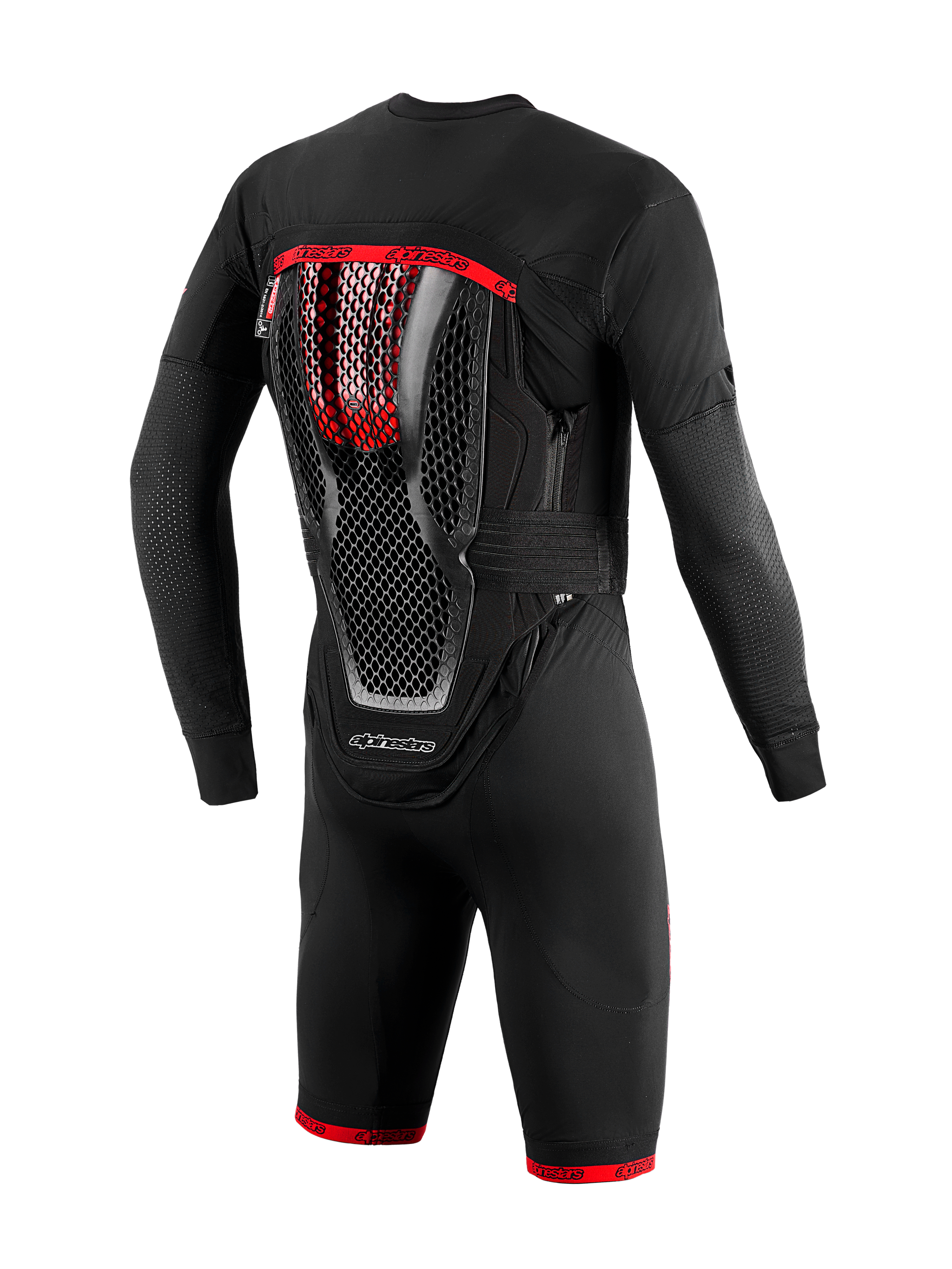 Tech-Air 10 V2 Race Airbag System, black and red base layer with integrated honeycomb back protector for track racing.