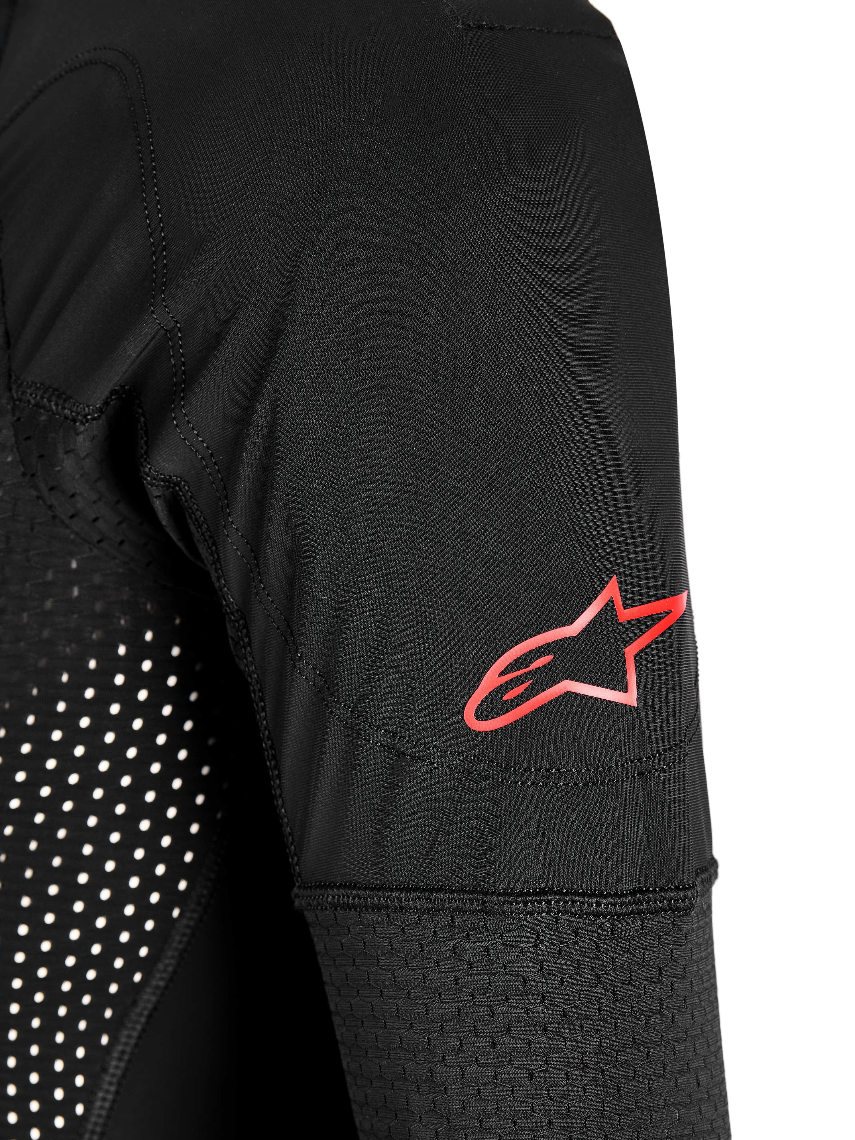 Rękaw poduszki powietrznej Tech-Air 10 V2 Race, czarny, z czerwonym logo Alpinestars i technicznymi panelami z siatki.
