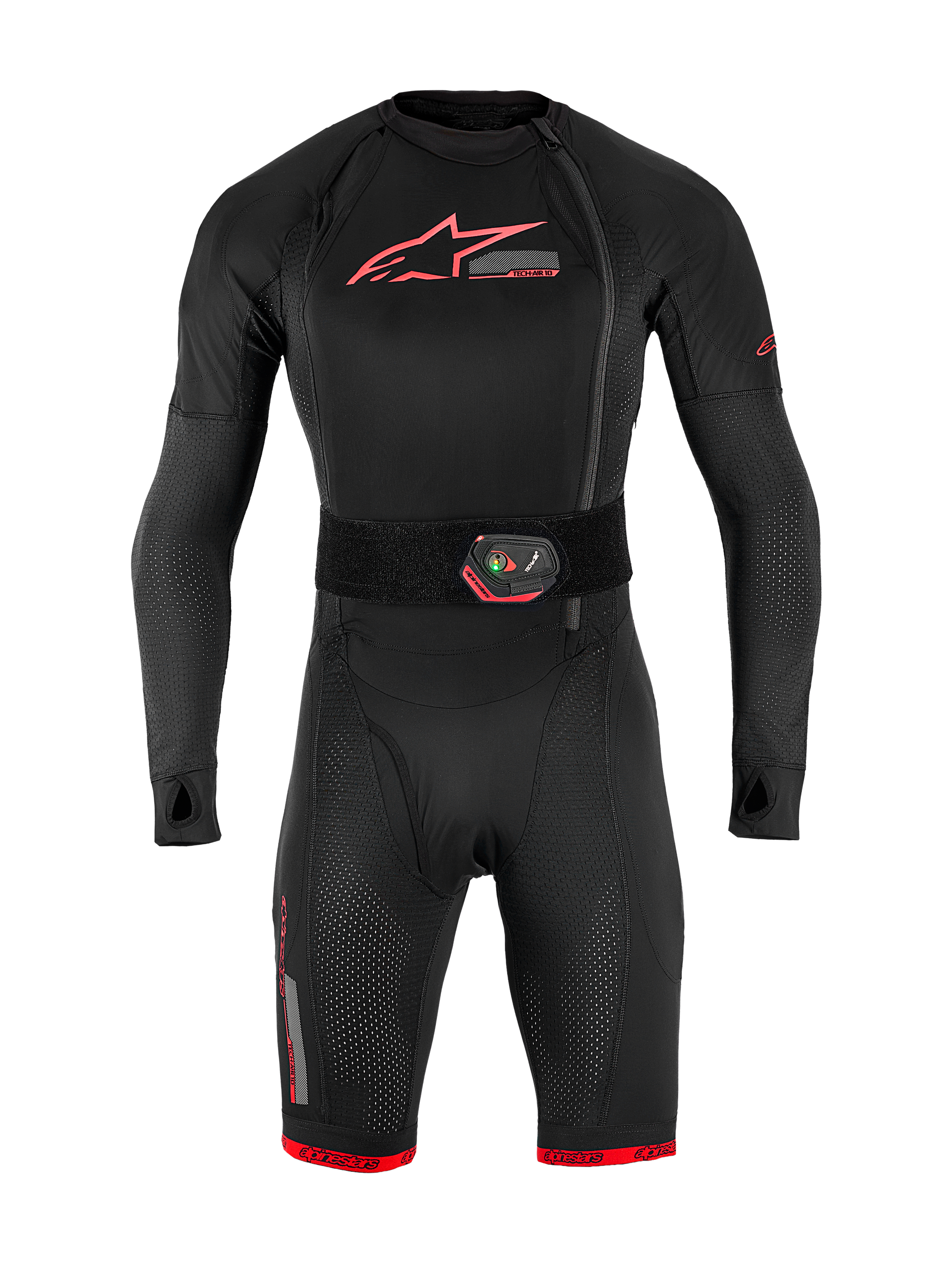 Tech-Air® 10 V2 Race Airbag System, black full-body base layer with red accents and integrated LED activation belt.