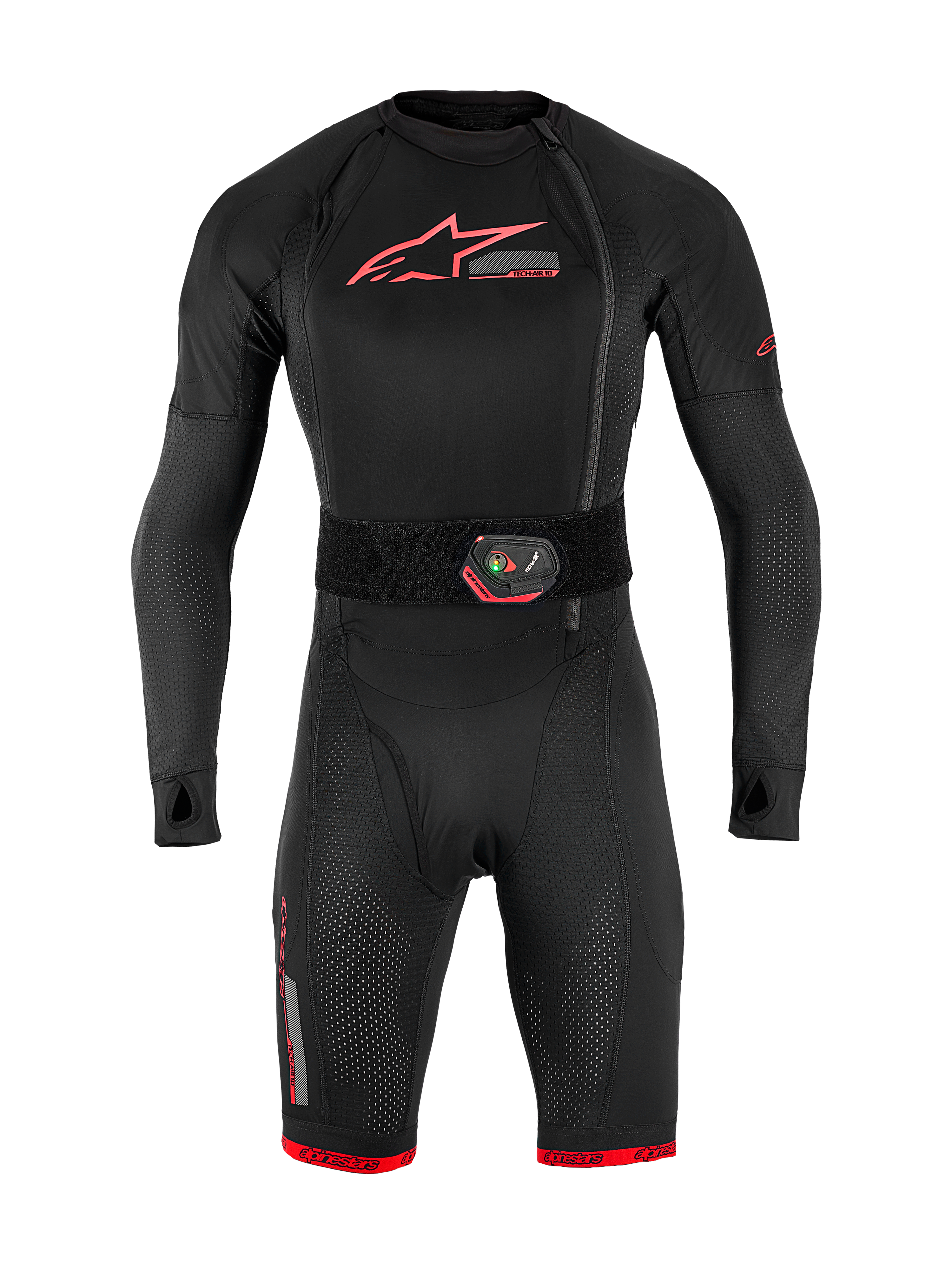 Poduszka powietrzna Tech-Air® 10 V2 Race, czarna jednoczęściowa bielizna techniczna z czerwonymi akcentami i pasem LED.