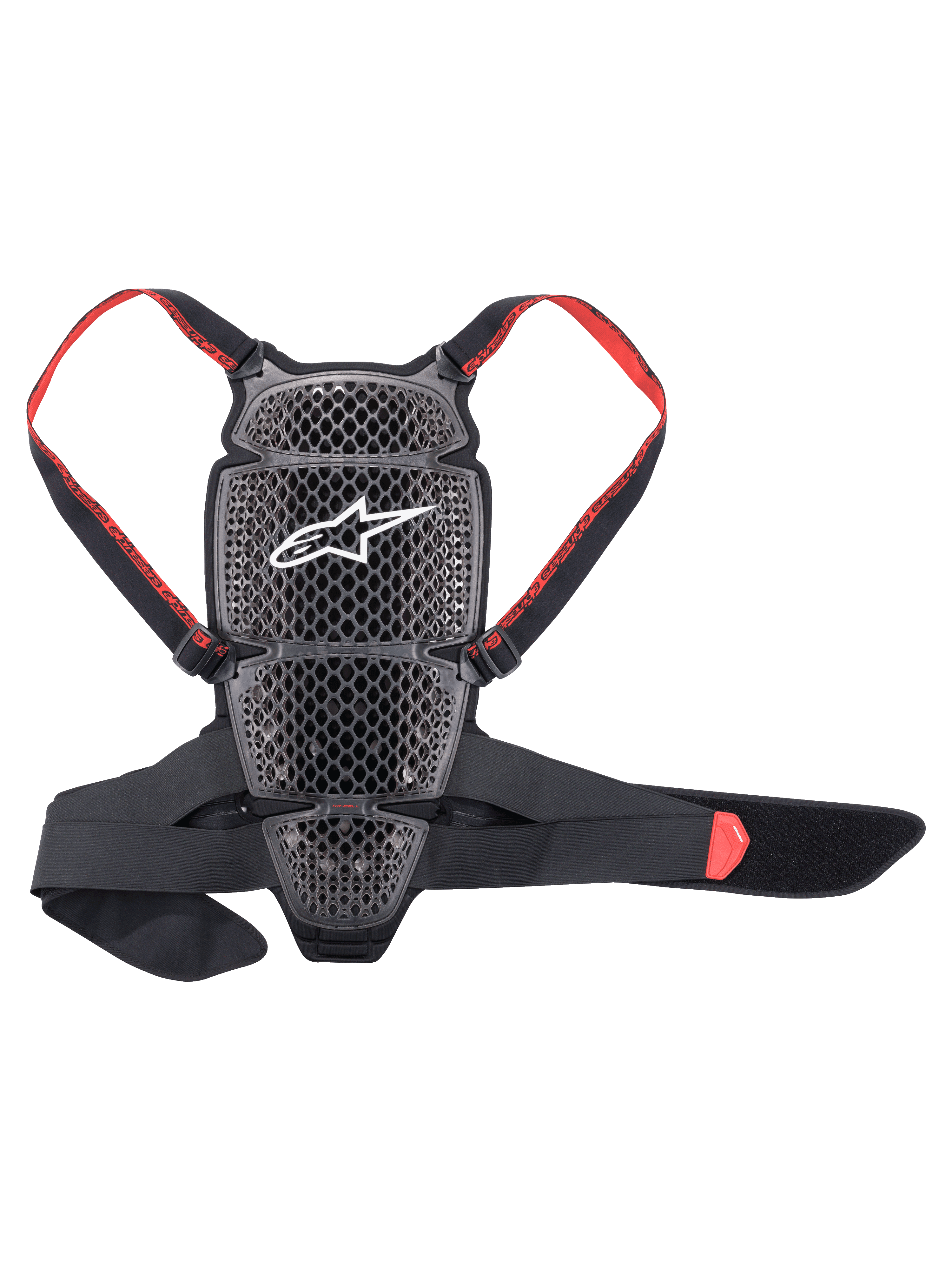 Alpinestars Nucleon KR-Cell Protector, motocyklowy ochraniacz pleców, dymny czarny i czerwony, z perforowaną siatką o strukturze plastra miodu i białym logo Alpinestars, regulowane czerwone paski z logo marki, czarny pas biodrowy, ergonomiczna wentylowana konstrukcja