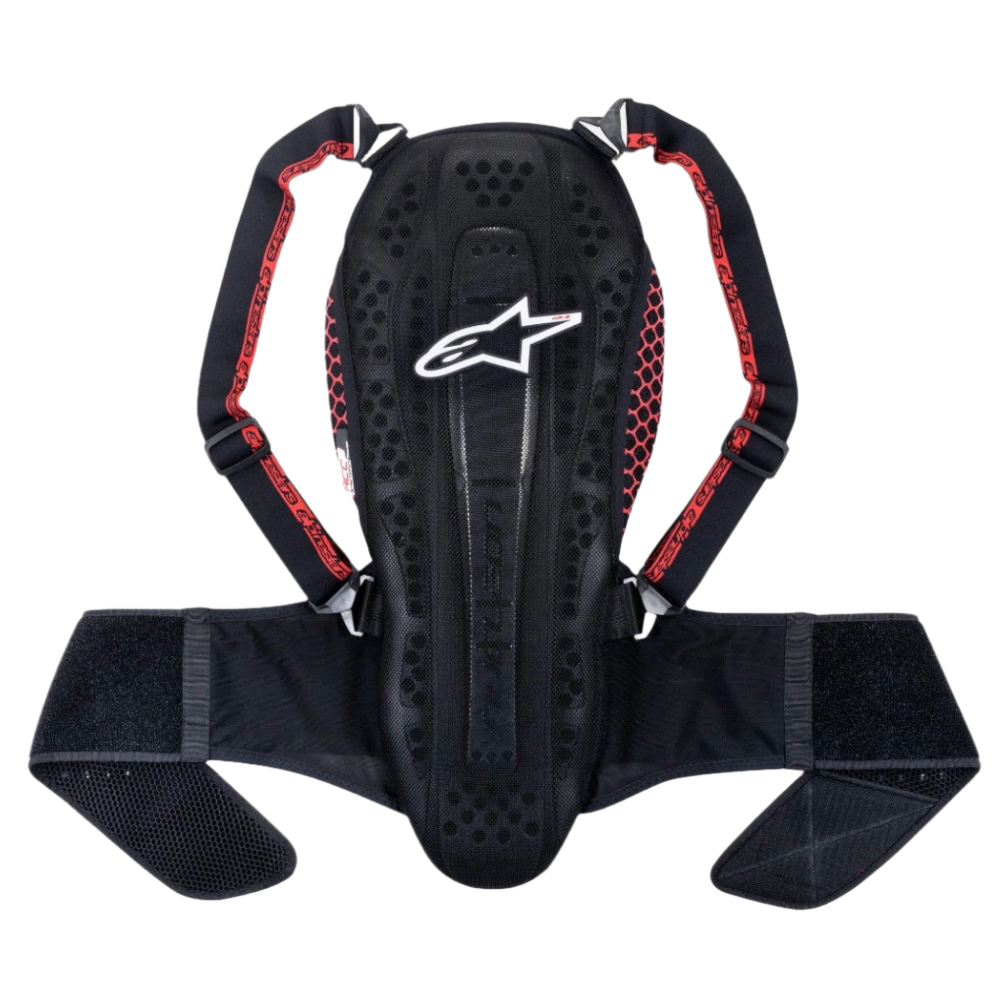 Alpinestars Nucleon KR-2 Back Protector, ochraniacz pleców, Black Smoke Red, posiada przegubową konstrukcję w stylu kręgów, regulowane paski naramienne z czerwonymi akcentami i szeroki pas biodrowy, lekka motocyklowa ochrona kręgosłupa