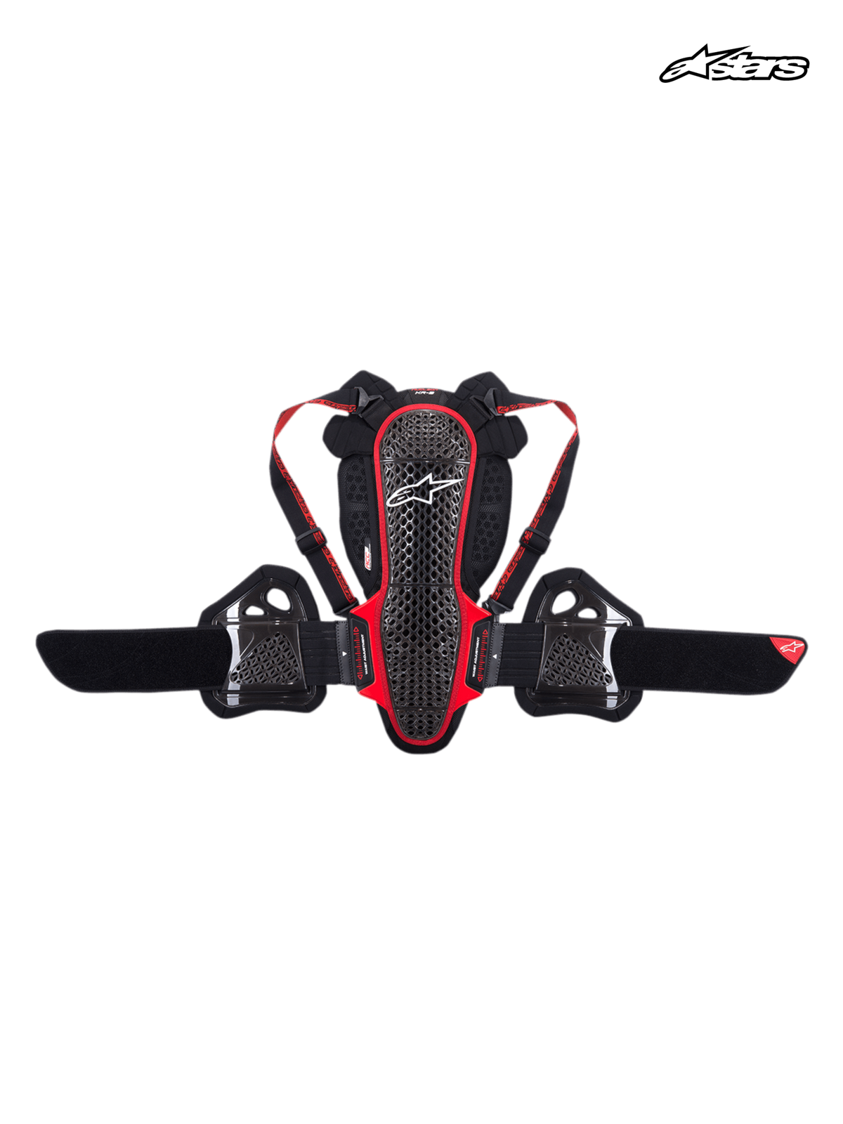 Alpinestars Nucleon KR-3, ochraniacz pleców motocyklowy, dymny czarny i czerwony, certyfikat CE poziom 2, konstrukcja z kratownicową skorupą, regulowane paski na ramiona i pas lędźwiowy