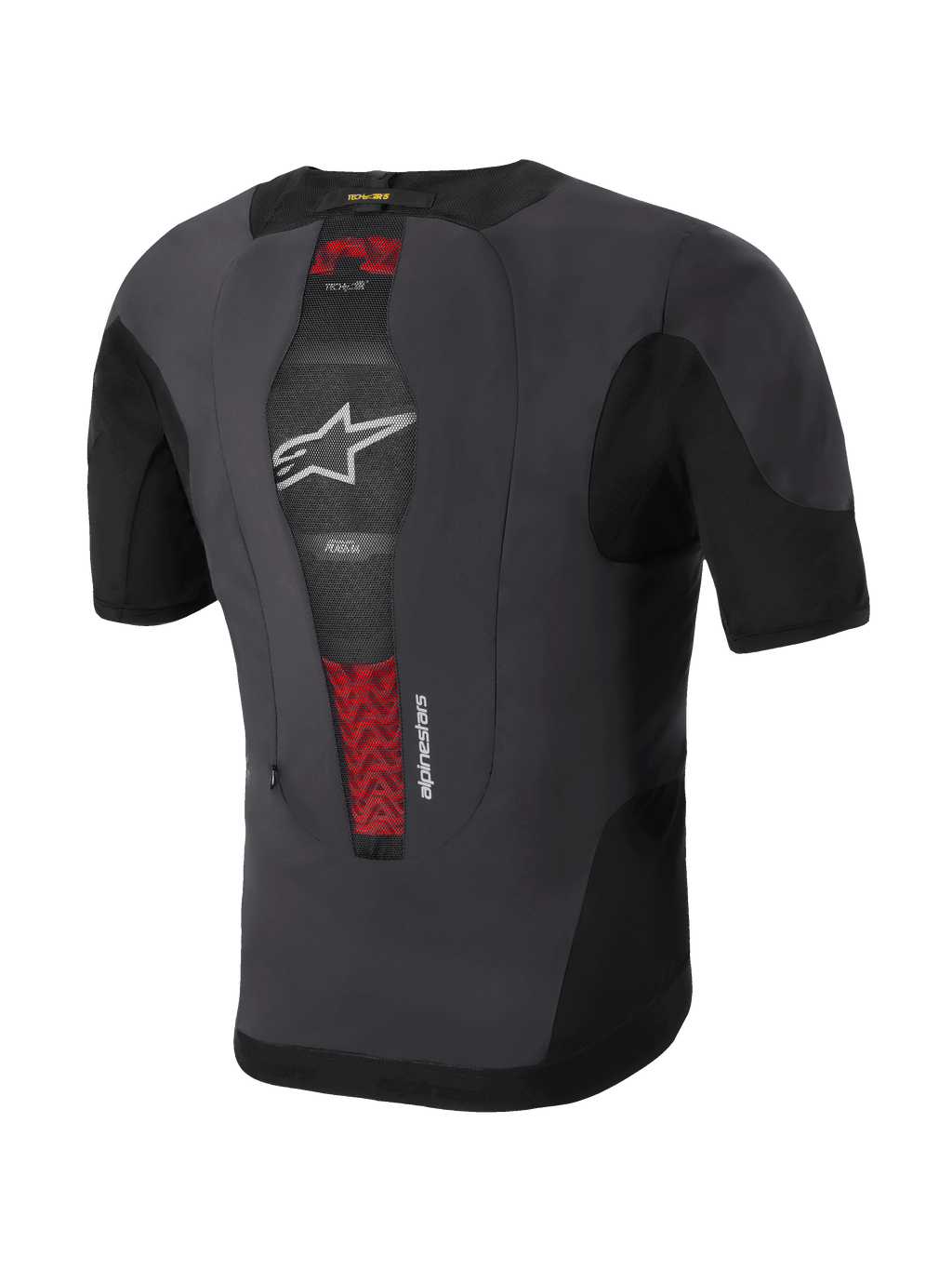 Alpinestars Tech-Air® 5 Plasma System, motocyklowa kamizelka z poduszką powietrzną, widok z tyłu, czarna i ciemnoszara, ze zintegrowanym ochraniaczem pleców PLASMA widocznym przez środkową siateczkę z czerwonymi detalami, białe logo z gwiazdą, smukła i oddychająca konstrukcja pod kurtkę