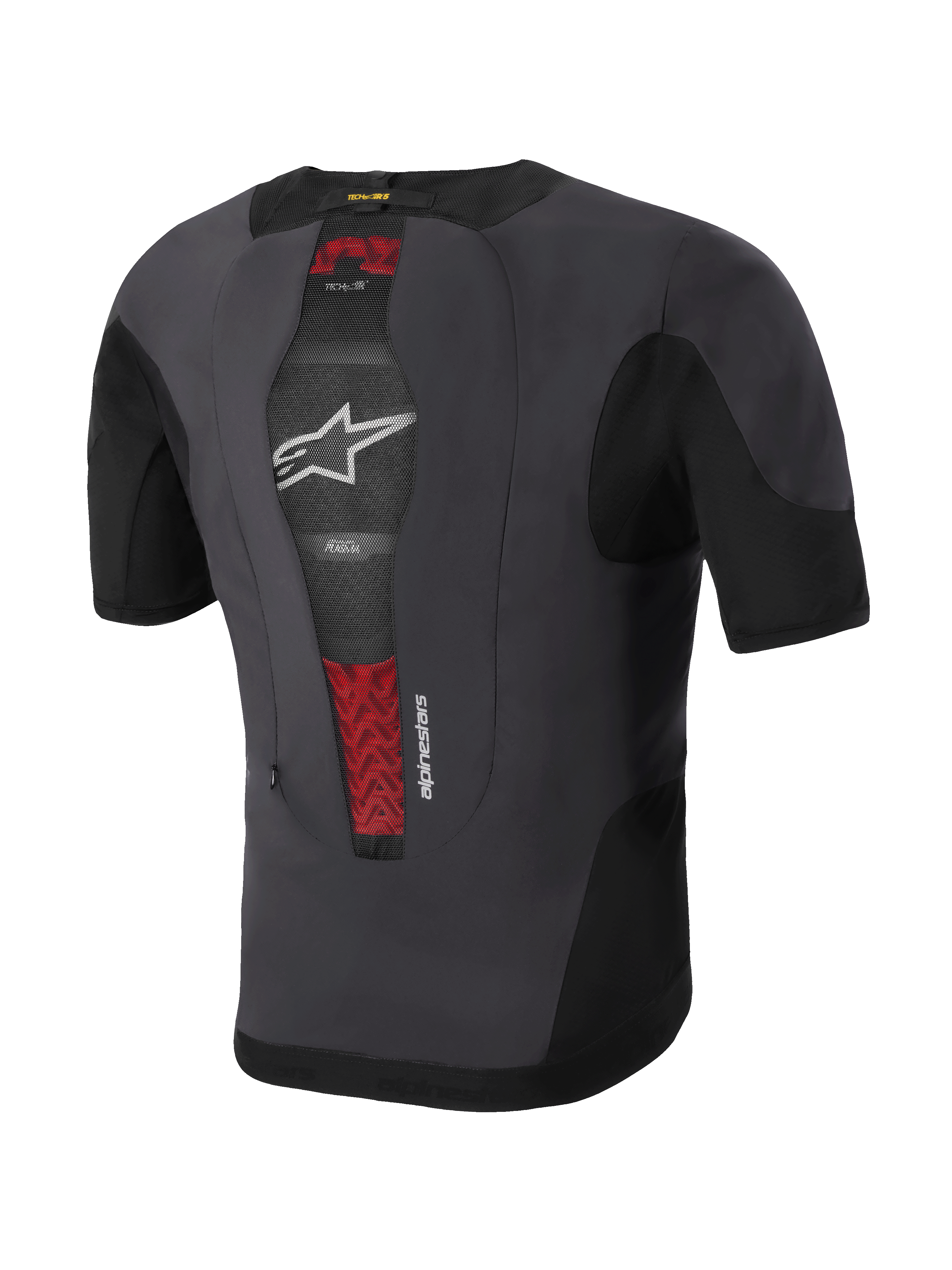 Alpinestars Tech-Air® 5 Plasma System, motocyklowa kamizelka z poduszką powietrzną, widok z tyłu, czarna i ciemnoszara, ze zintegrowanym ochraniaczem pleców PLASMA widocznym przez środkową siateczkę z czerwonymi detalami, białe logo z gwiazdą, smukła i oddychająca konstrukcja pod kurtkę