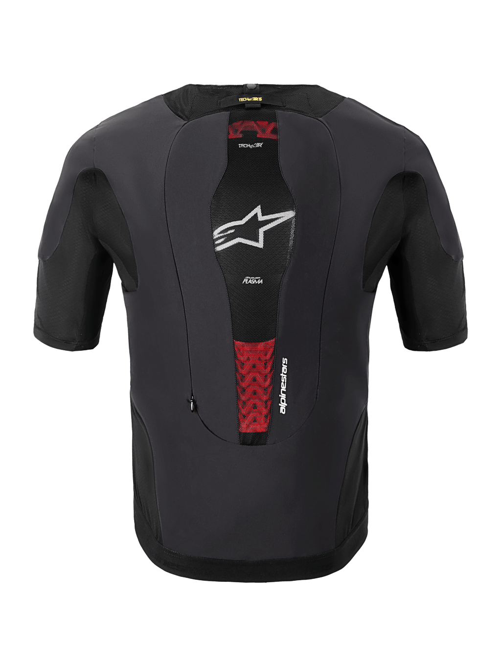 Alpinestars Tech-Air® 5 Plasma System, motocyklowy system poduszki powietrznej, widok z tyłu, czarny, wyposażony w centralny panel z siatki z białym logo gwiazdy i czerwone akcenty wewnętrznego ochraniacza pleców PLASMA, dopasowany krój z krótkim rękawem zapewniający ochronę pod kurtką