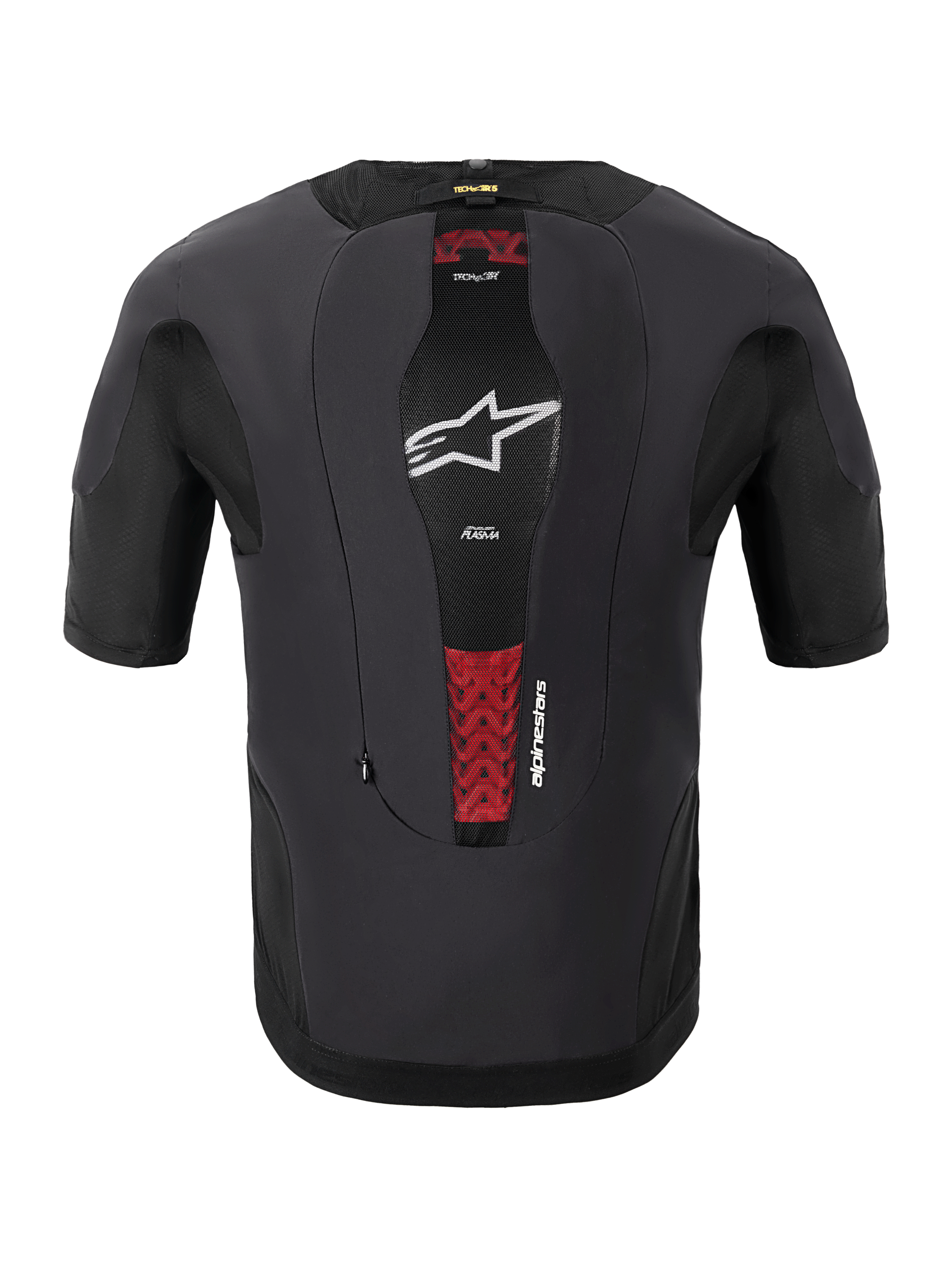 Alpinestars Tech-Air® 5 Plasma System, motocyklowy system poduszki powietrznej, widok z tyłu, czarny, wyposażony w centralny panel z siatki z białym logo gwiazdy i czerwone akcenty wewnętrznego ochraniacza pleców PLASMA, dopasowany krój z krótkim rękawem zapewniający ochronę pod kurtką