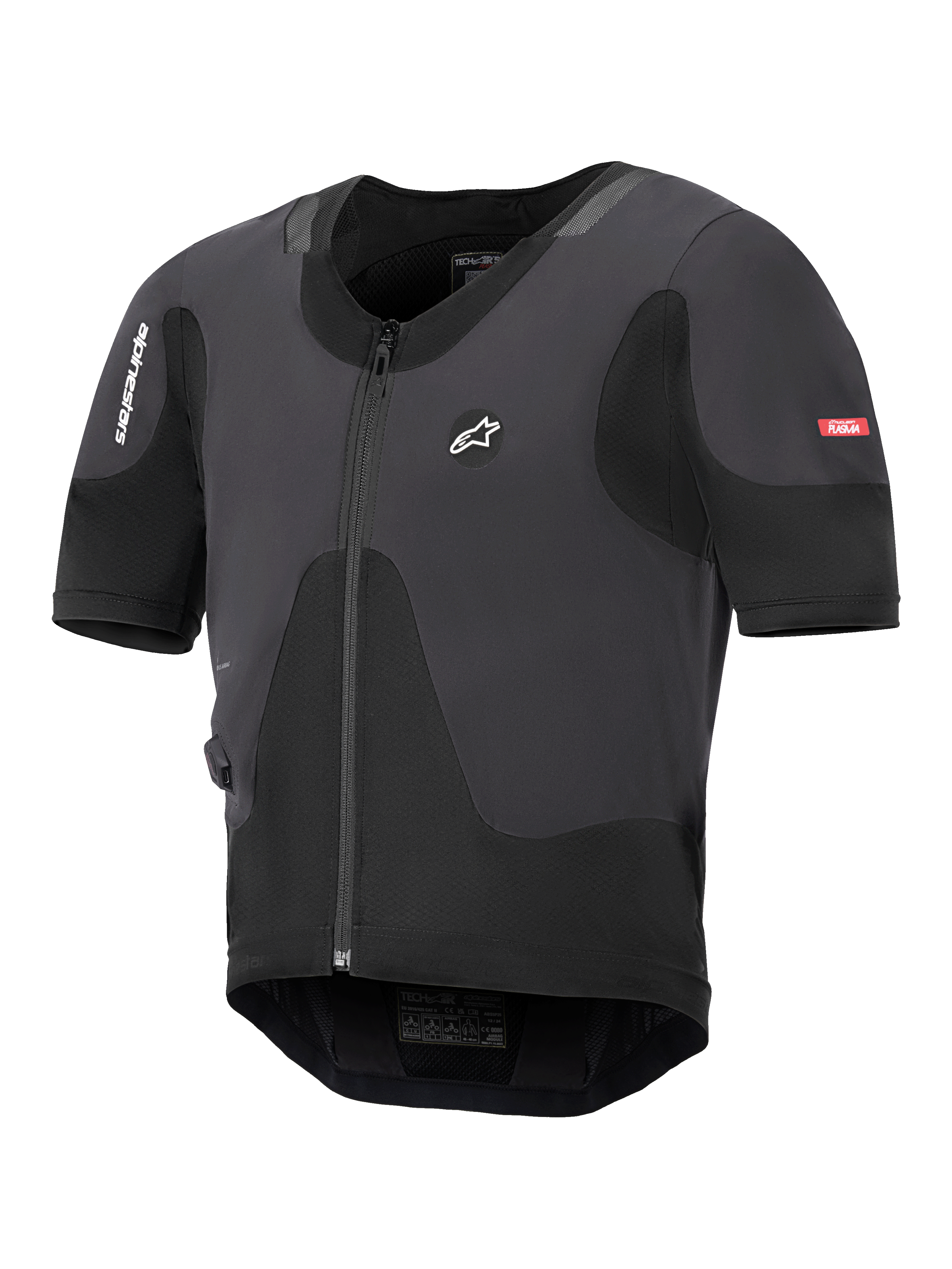 Alpinestars Tech-Air 5 Plasma System, czarna motocyklowa kamizelka z poduszką powietrzną, smukły profil z przednim zamkiem błyskawicznym i krótkimi rękawami, oddychające panele z siatki, branding Alpinestars, zaprojektowana do ochrony pod kurtką