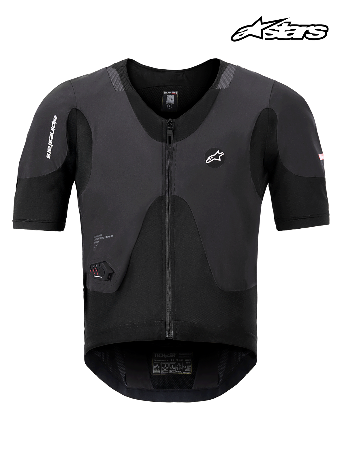 Alpinestars Poduszka Powietrzna Tech-Air 5 Plasma, czarny motocyklowy airbag podkombinezonowy, certyfikowana ochrona górnej części ciała z oddychającą jednowarstwową elastyczną siatką i zintegrowanym ochraniaczem pleców Nucleon PLASMA, widok z przodu