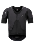 Alpinestars Tech-Air 5 Plasma System, czarna kamizelka z poduszką powietrzną, widok z przodu z krótkimi rękawami i centralnym zamkiem, logo Alpinestars i zintegrowany wyświetlacz stanu LED, ultra-smukła odzież ochronna dla motocyklistów